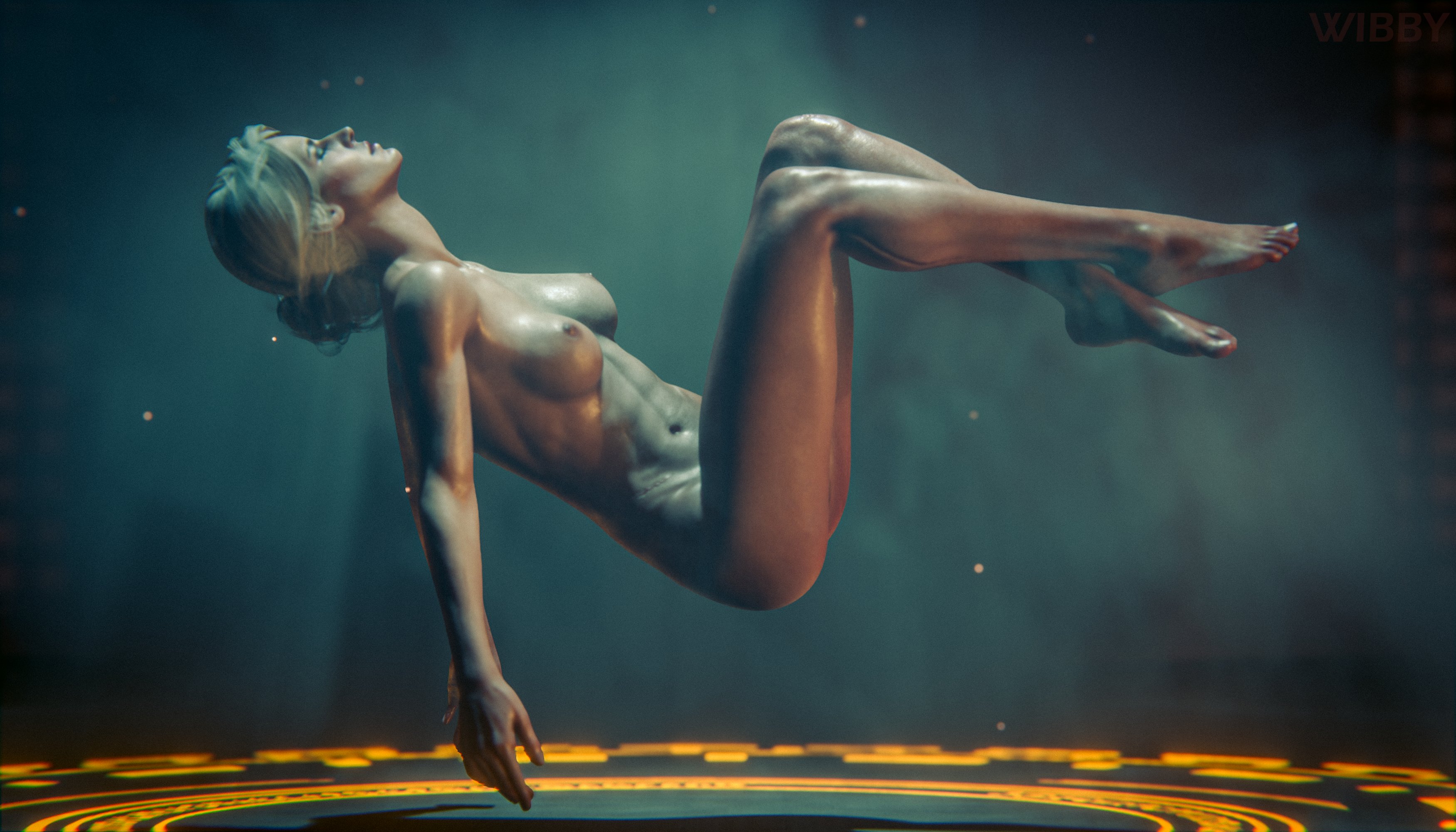3d, ass, breasts, cd projekt red, ciri, closed eyes, completely nude, feet, female, light skin, light-skinned female, mascara, nipples, nude, scar, sleeping, solo, solo female, the witcher (series), the witcher 3: wild hunt, white hair, wibby