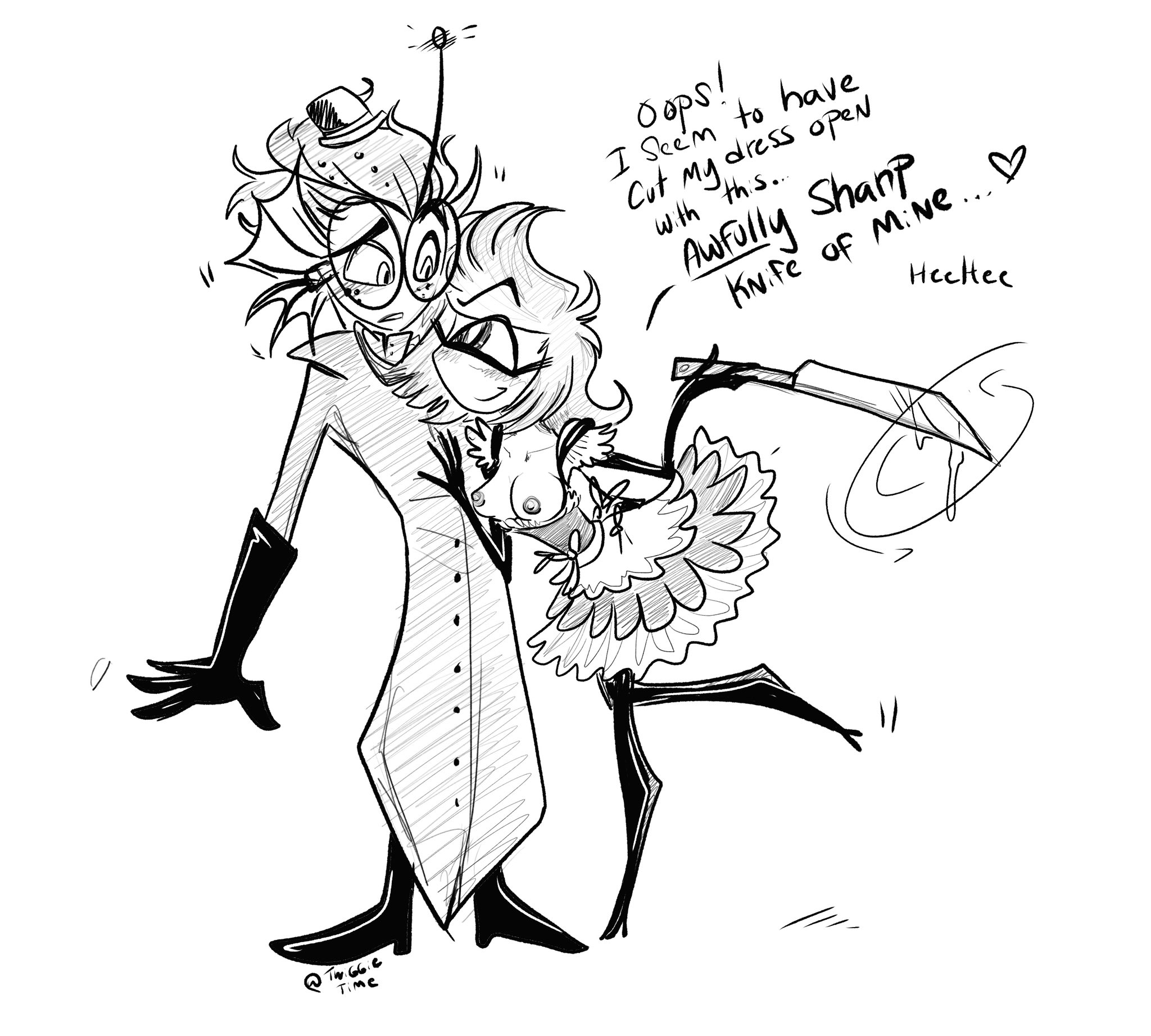 baxter (hazbin hotel), black and white, blush, blushing at another, blushing at each other, blushing at partner, blushing face, blushing female, blushing male, breasts, corset, dress, dress down, english text, exposed, exposed breasts, exposed chest, exposed nipples, exposed tits, exposing, exposing breasts, exposing chest, exposing nipple, exposing nipples, exposing self, female, flirtatious, flirting, flirting look, flirty, hazbin hotel, imminent grope, imminent sex, knife, male, monochrome, monochrome characters, needy, needy female, nice tits, niffty, nipples, penis, ripped bodysuit, ripped clothing, ripped shirt, seduction, seductive, seductive body, seductive female, seductive pose, shipping, tits out, twiggietime, vulnerable, wants dick, wants to be fucked, wants to fuck, white background