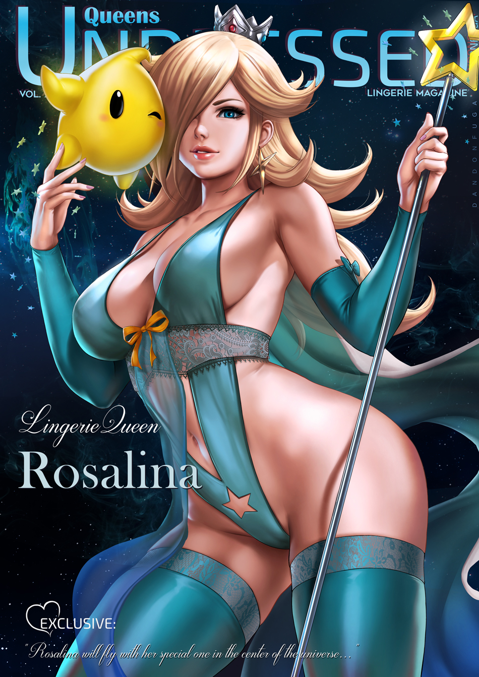 1girls, armwear, bare ass, bare shoulders, big breasts, blonde hair, blue eyes, breasts, cameltoe, cleavage, crown, dandon fuga, female, female only, hair over one eye, jewelry, lace, lingerie, looking at viewer, luma, magazine cover, mario (series), midriff, nail polish, nintendo, nipples visible through clothing, pink nails, princess rosalina, pussy, smile, smiling at viewer, solo, super mario galaxy, thighhighs