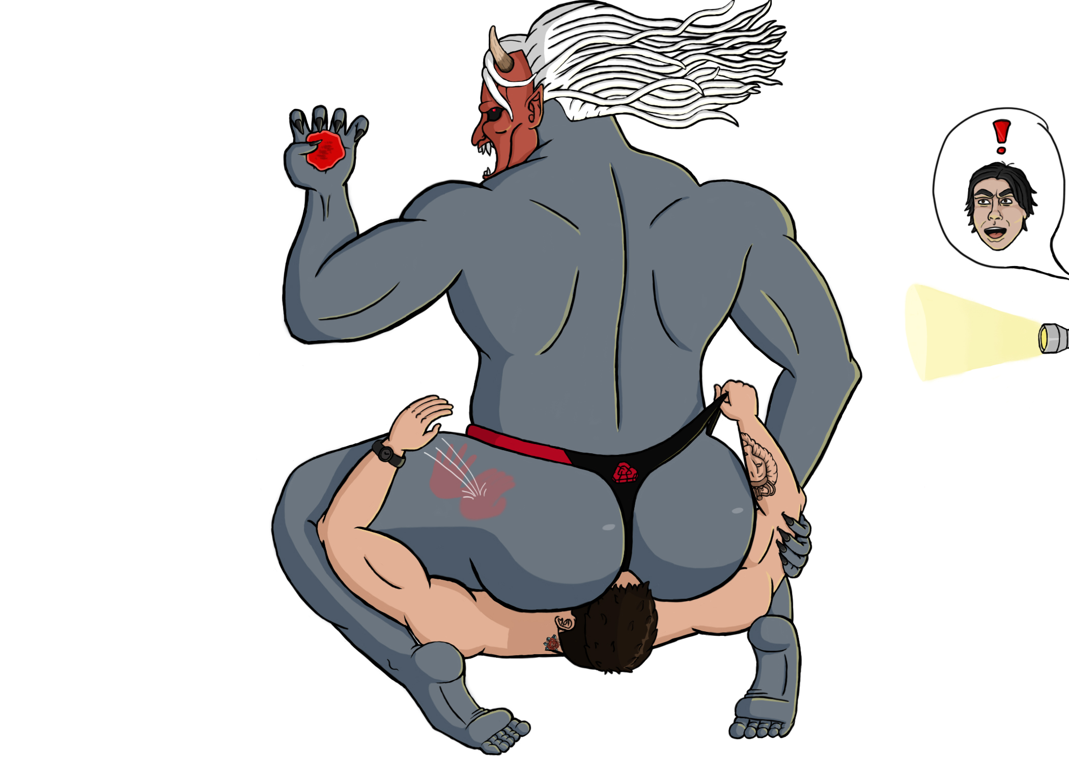 1boy, 2boys, 2d, 2d artwork, ass, big ass, big ass (male), caught, caught in the act, cuckold, david king, dead by daylight, domination, facesitting, gay, gay male, jake park, male, malesub, monster, monster on male, muscular, oni, rape, slap, slap mark, slapping butt, struggling, suffocation, tagme, the oni (dbd), thong, white hair, yaoi