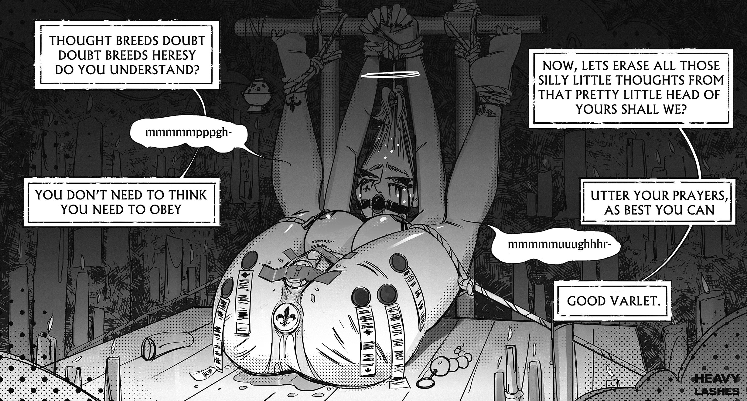1girls, adepta sororitas, anal, anal beads, arms up, ball gag, big breasts, bondage, bound, breasts, buttplug, clitoral stimulation, clitoris, crying, dildo, dildo in pussy, face markings, female, femsub, fleur de lis, gag, gagged, gagged speech, heavy lashes (artist), large breasts, legs over head, legs up, logo buttplug, moaning, nipple piercing, nipples, piercing, presenting pussy, pussy, rope bondage, ruined makeup, runny makeup, sex toy, sister of battle, tears, text, text bubble, training, vibrator, vibrator on clitoris, vibrator on nipple, warhammer (franchise), warhammer 40k