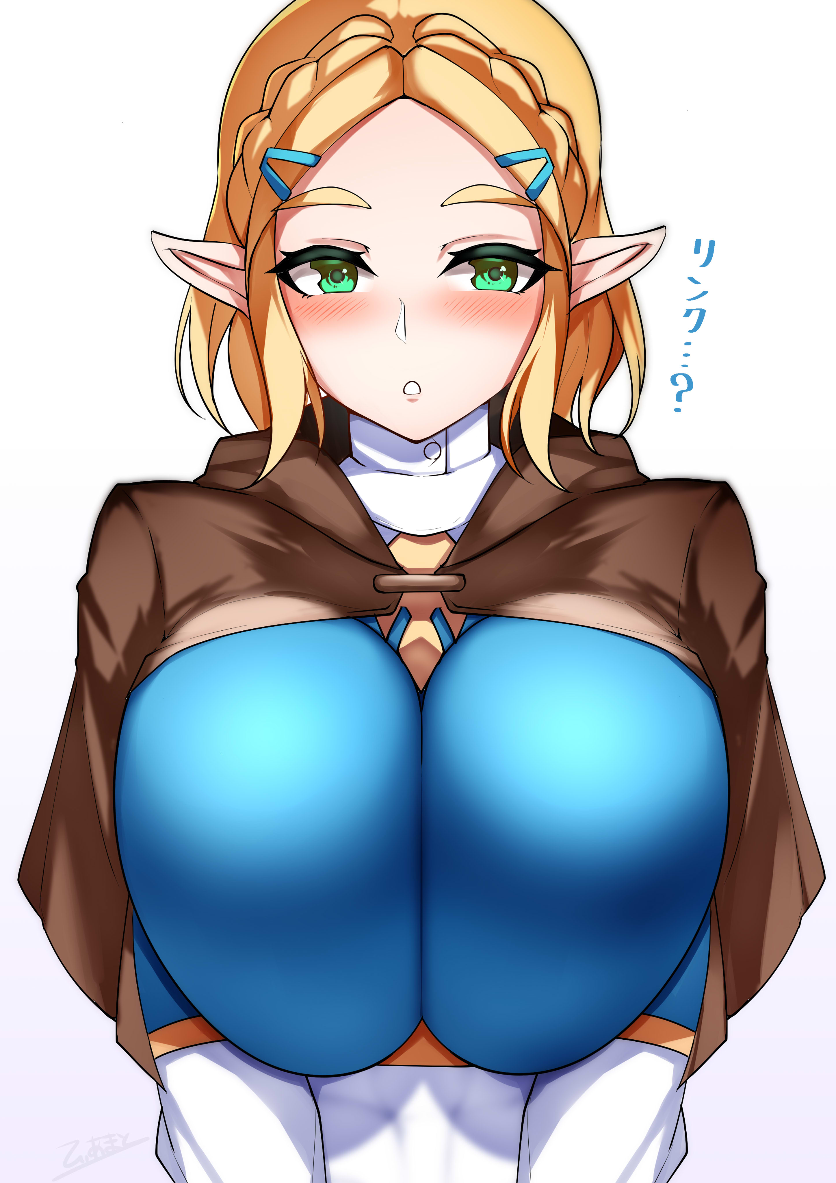1girls, absurdres, alternate breast size, blonde hair, blue shirt, blush, braid, breasts, crown braid, female, female only, green eyes, highres, huge breasts, impossible clothes, impossible shirt, looking at viewer, nintendo, open mouth, pointy ears, princess zelda, shirt, simple background, solo, tea texiamato, tears of the kingdom, the legend of zelda, tiamat (momokuri mannen), upper body, white background, zelda (tears of the kingdom)