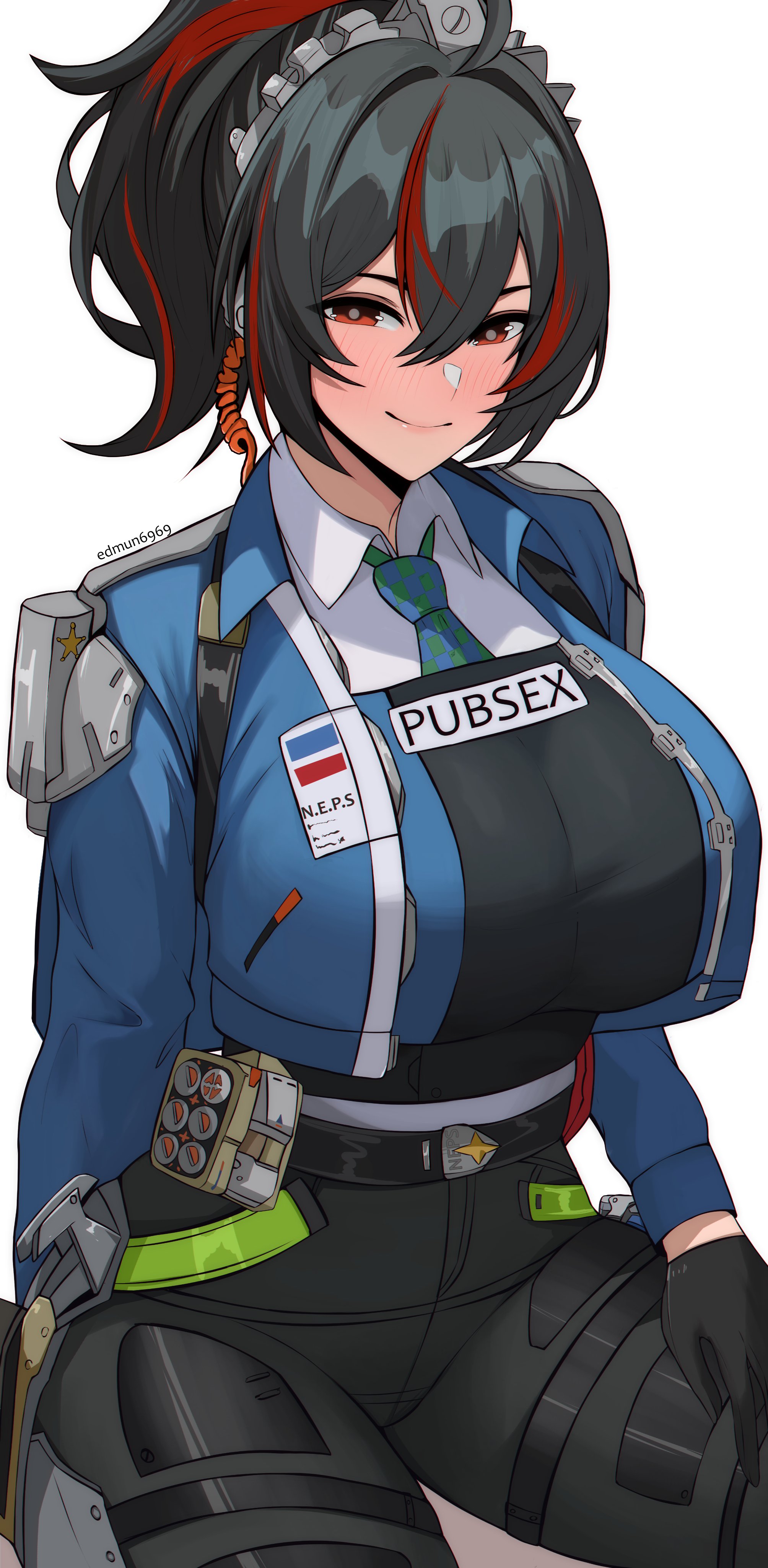 1girls, absurdres, black hair, black pants, blue jacket, breasts, collared shirt, edmun, edmun6969, female, hair between eyes, highres, jacket, large breasts, long hair, looking at viewer, multicolored hair, necktie, pants, police, police uniform, policewoman, ponytail, red eyes, red hair, sfw, shirt, sitting, solo, streaked hair, tight clothes, tight pants, twitter username, white background, white shirt, zenless zone zero, zhu yuan
