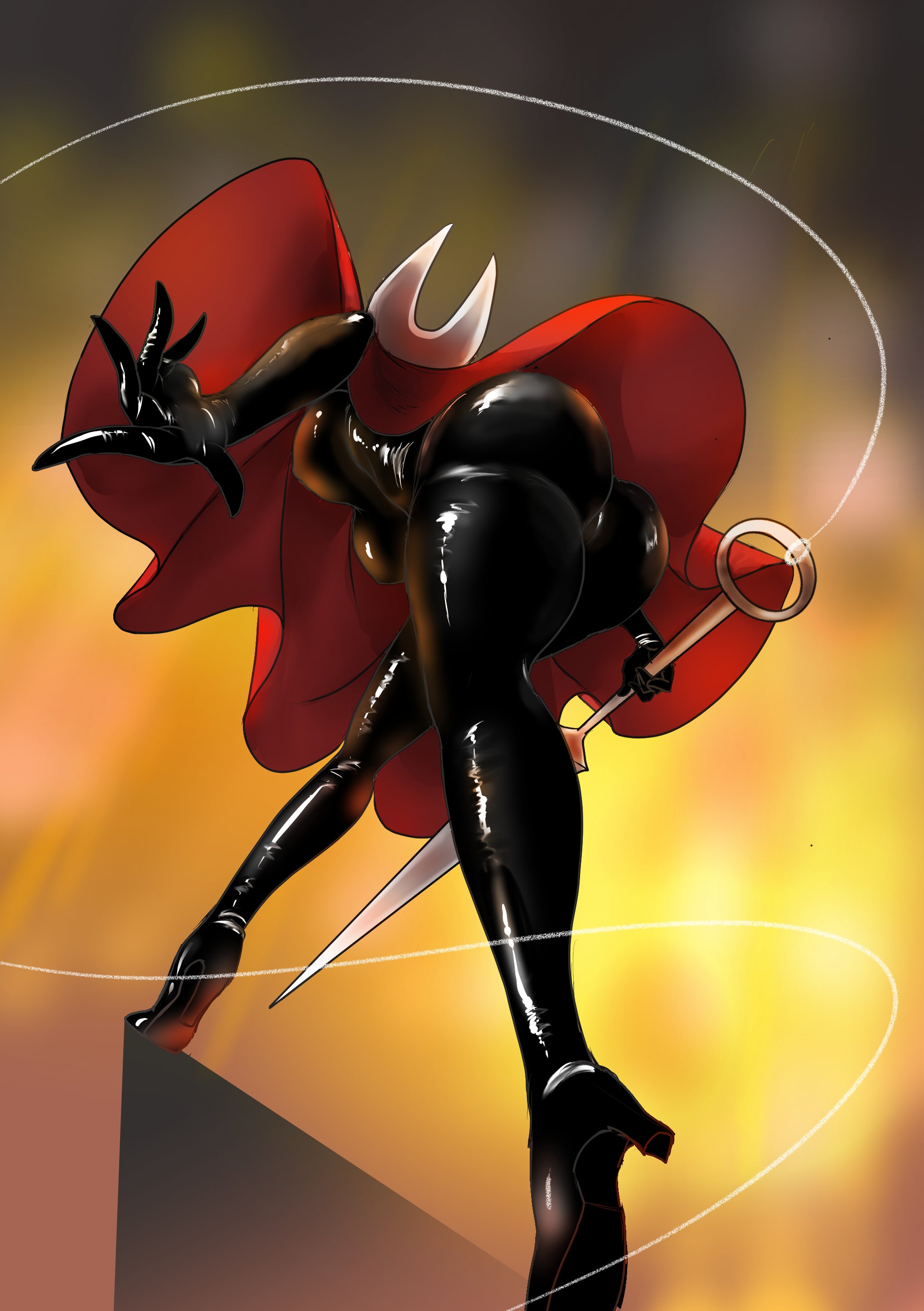 1girls, 2026, 2d, 2d (artwork), 5 fingers, anthro, arachnid, arachnid humanoid, arthropod, arthropod abdomen, arthropod humanoid, ass, back view, backside, black body, black heels, black skin, black-skinned female, breasts, bug, bug girl, busty, busty female, butt, clothing, color, colored, digital drawing (artwork), digital media (artwork), female, female focus, female only, glistening, glistening ass, glistening body, glistening breasts, glistening butt, heels, holding melee weapon, holding weapon, hollow knight, hollow knight (franchise), hollow knight: silksong, hornet (hollow knight), hornet's needle, humanoid, insectoid, insectoid female, insects, low-angle view, mayomakadays, red cloak, red clothing, silksong, solo, solo female, solo focus, team cherry, weapon