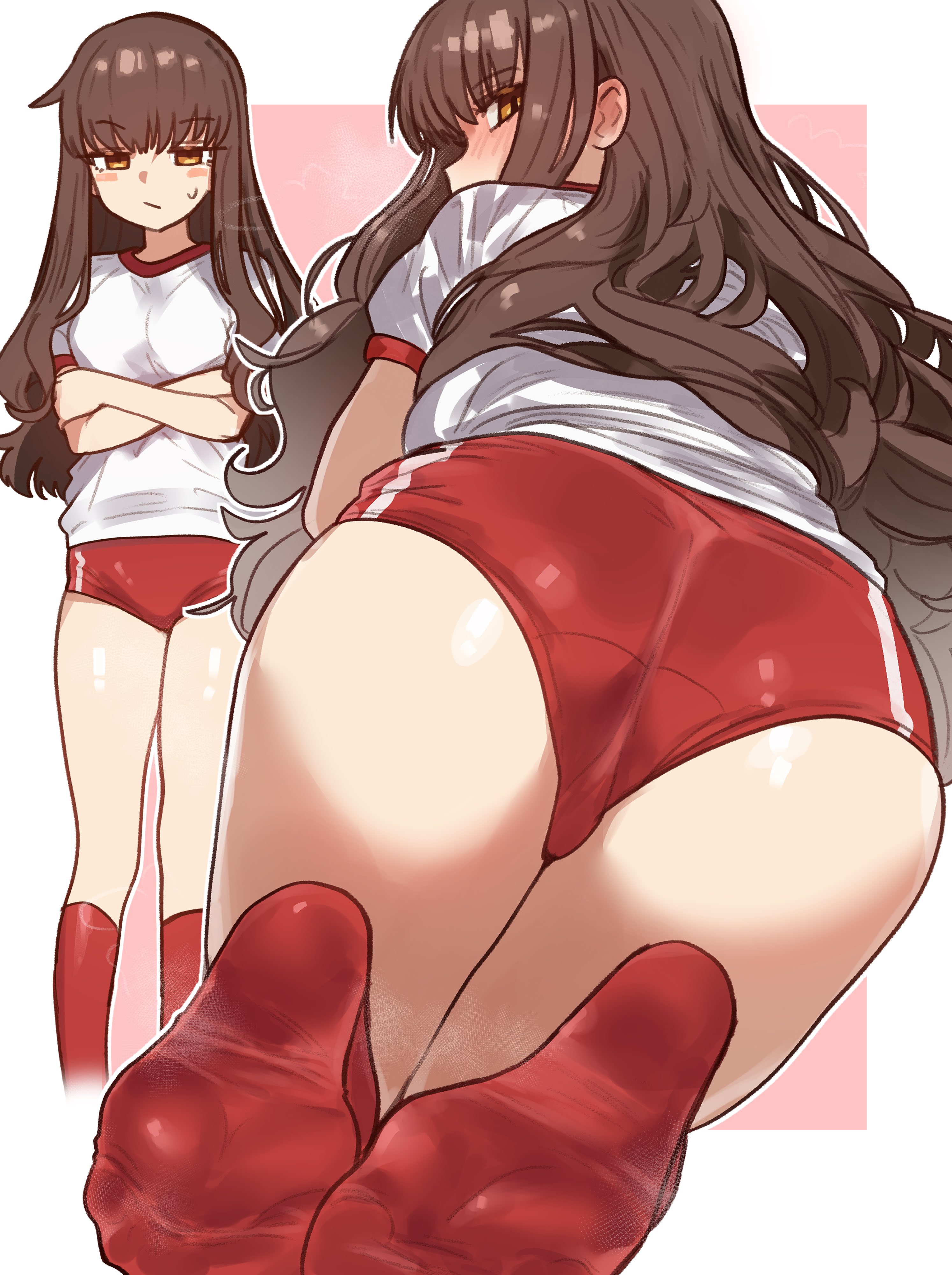 absurdres, ass, brown eyes, brown hair, buruma, crossed arms, ebora, fate (series), fate/extra, fate/extra ccc, feet, feet visible through clothing, female, frown, gym shirt, gym uniform, highres, kishinami hakuno (female), kneehighs, long hair, red buruma, red socks, shirt, short sleeves, simple background, socks, soles, toes, white shirt