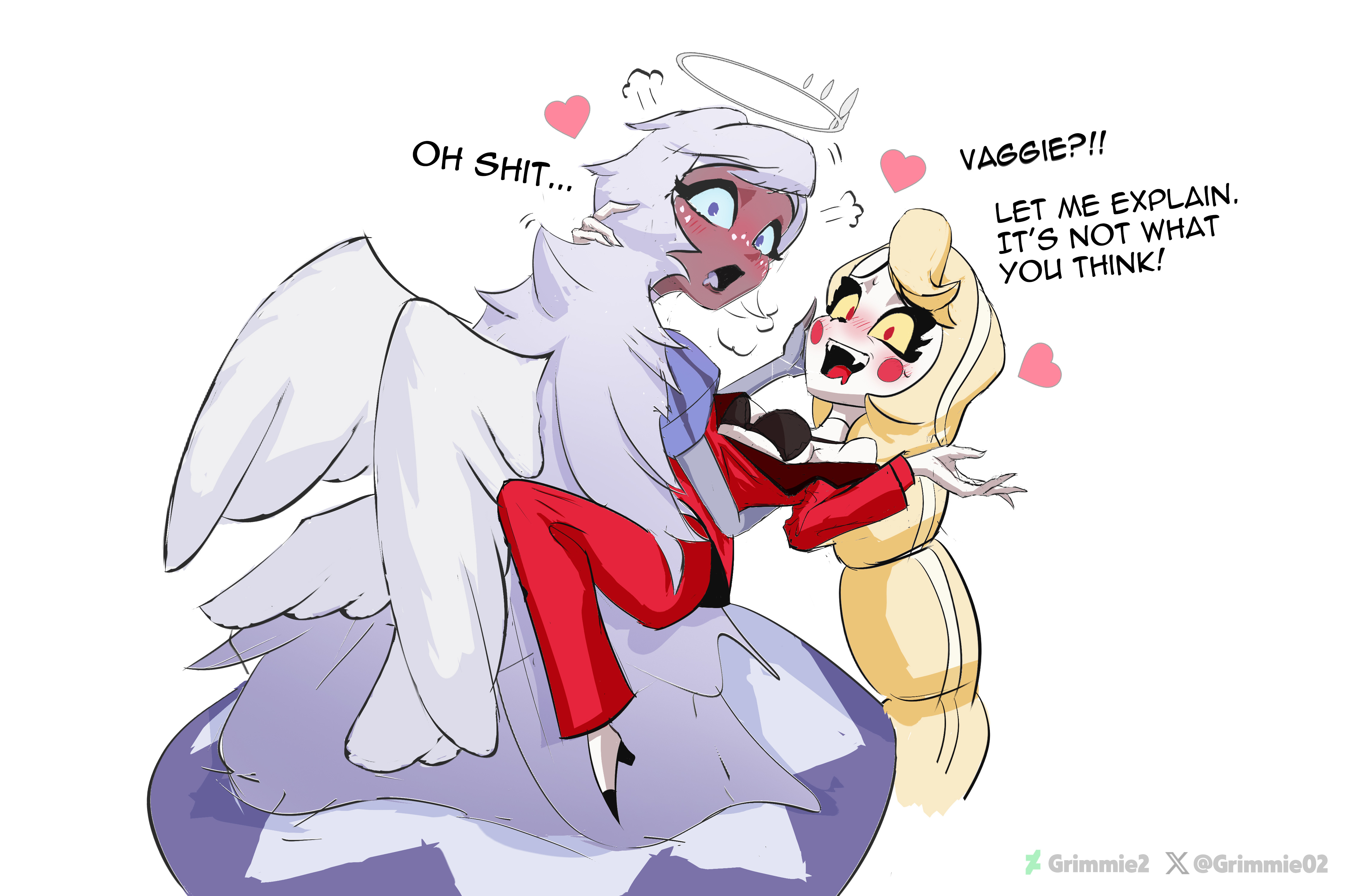 2girls, angel, bra, breasts, caught, charlie morningstar (hazbin hotel), cheating, cheating girlfriend, demon, demon girl, dialogue, emily (hazbin hotel), english, english text, female, female/female, grimmie02, hazbin hotel, netorare, speech, tagme, text, wings, yuri