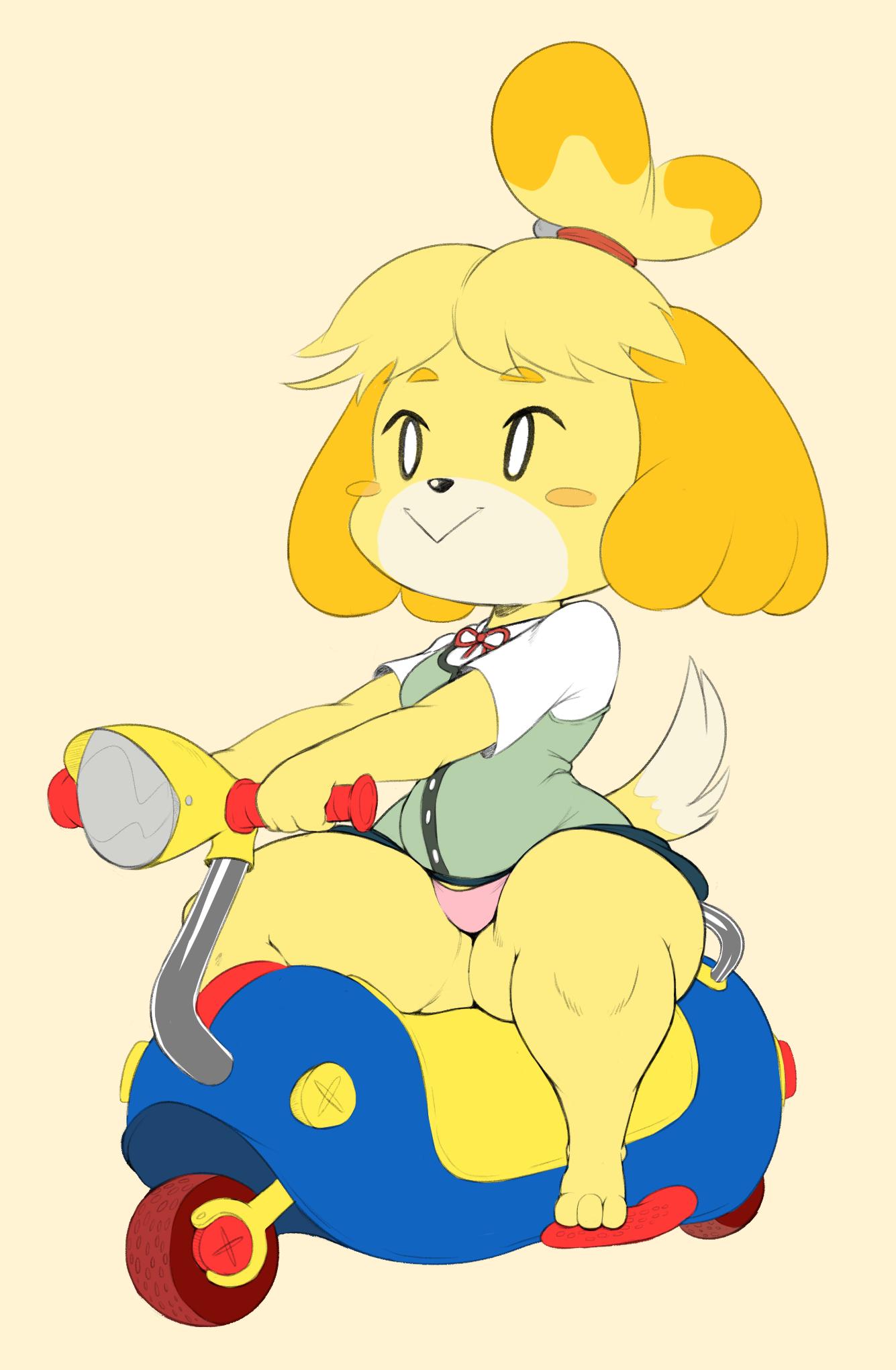 1girls :> animal_crossing clothing company_connection crossover female female_only fully_clothed huge_ass isabelle_(animal_crossing) mario_(series) mario_kart mario_kart_8 nintendo panties pink_panties purple_yoshi_draws scooter shortstack smiling solo solo_female thick thighs vehicle wide_hips