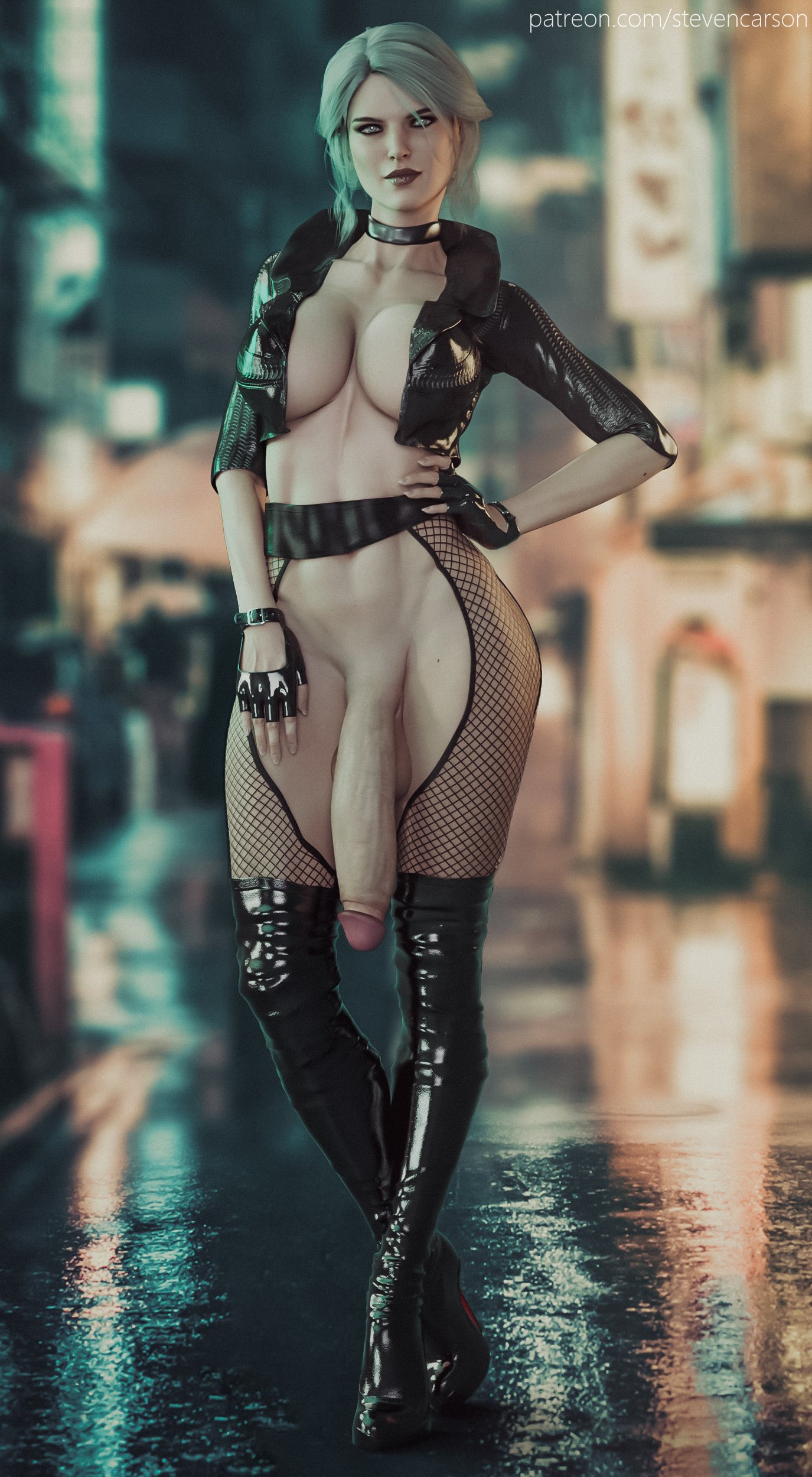 1futa, 3d, backless gloves, balls, black clothing, black jacket, boots, bottomless, breasts, cd projekt red, choker, ciri, city, cleavage, cropped jacket, crotchless, crotchless clothes, curvy, dickgirl, eyeliner, fingerless gloves, fishnet, fishnet legwear, fishnets, flaccid, foreskin, front view, full body, futa only, futanari, futuristic, gloves, grey hair, hairless penis, half-erect, hand on hip, hanging penis, high heel boots, huge breasts, huge cock, huge penis, intersex, jacket, latex, latex boots, latex legwear, leather jacket, legwear, long penis, looking at viewer, mascara, muscular, muscular futa, no pubes, outside, penis, penis base, penis to the knees, punk, rain, realistic, retracted foreskin, rugged foreskin, shaved, silver hair, solo, solo futa, stevencarson, street, the witcher (series), the witcher 3: wild hunt, thick lips, thigh boots, uncircumcised, url, vein, wet floor, wide hips