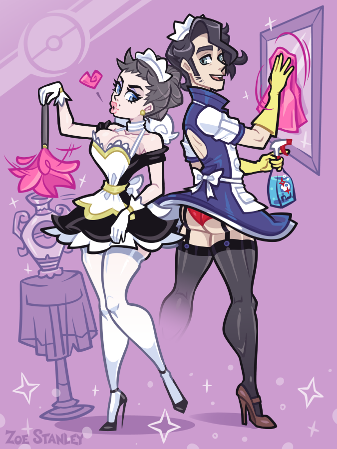 1boy 1girls alternate_outfit ass back beauty_mark bimbo black_hair bleedingpervert breasts brown_hair choker cleaning cleavage clothed crossdressing diantha_(pokemon) dress duo duster eyeshadow female femboy game_freak garter_straps gloves heart heels high_heels holding_duster holding_spray_bottle hourglass_figure large_breasts lipstick maid maid_headdress maid_uniform makeup male nintendo panties pokemon pokemon_champion pokemon_xy professor_sycamore short_hair short_hair_female skinny_waist spray_bottle stockings text thick_thighs thighhighs