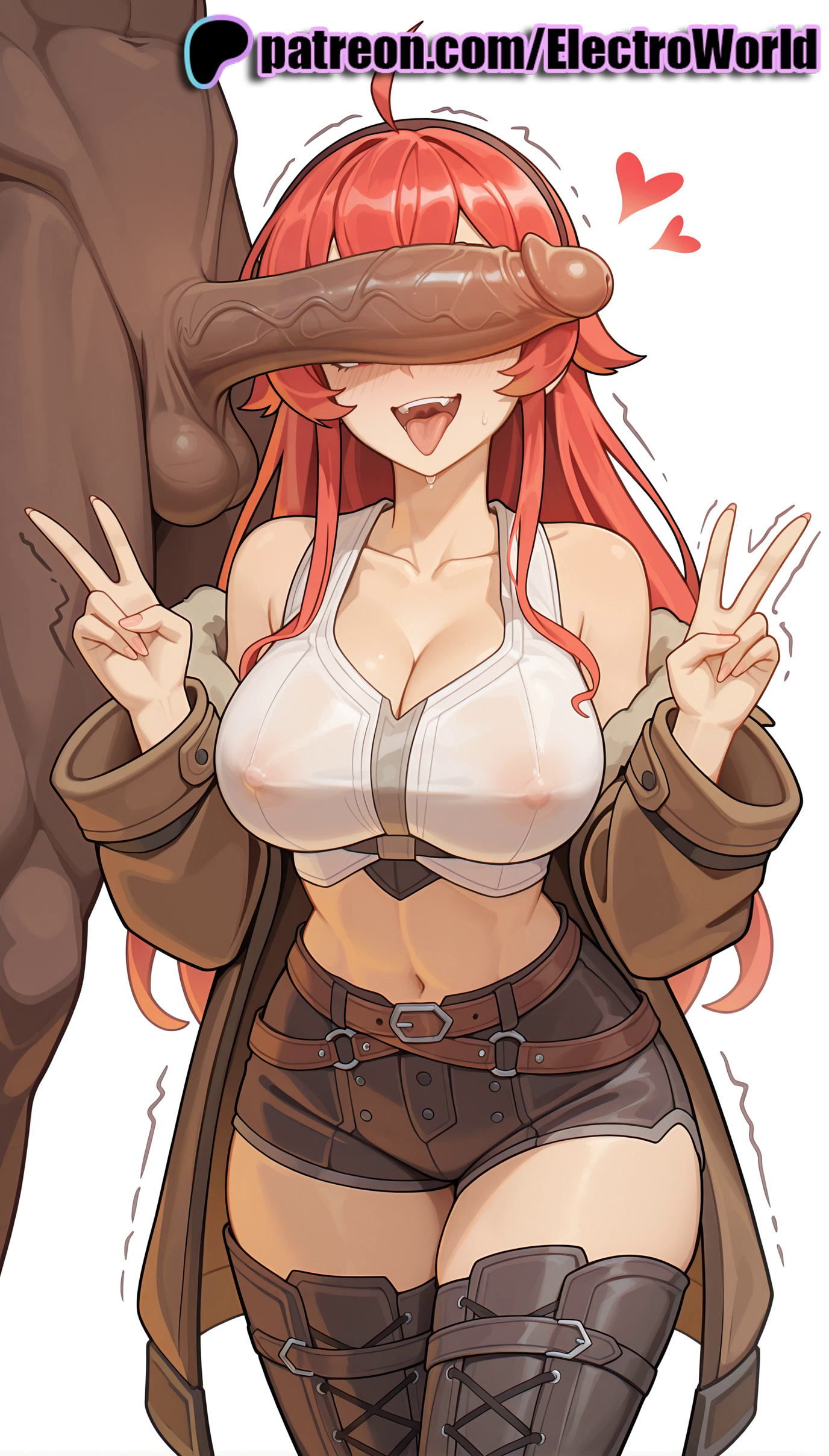 1boy, 1girls, 2025, ai generated, artist name, balls, belt, big breasts, big chest, breasts, brown coat, bust, busty, chest, cleavage, clothed female nude male, cock, covered nipples, dark skin, dark-skinned male, dick, double v, double w, electroworld, eris greyrat, female, head out of frame, hi res, high quality, high resolution, highres, huge cock, interracial, large balls, large breasts, large penis, large testicles, long hair, male, mushoku tensei, mushoku tensei: isekai ittara honki dasu, navel, patreon, patreon username, penis, penis awe, penis on face, precum, red hair, shorts, stable diffusion, straight, testicles, tongue, tongue out, trembling, twitching penis, v, veins, veiny penis, w, watermark