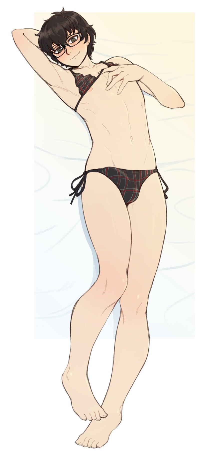 10s, 1boy, absurdres, akira kurusu, armpits, atlus, black eyes, black hair, blush, bulge, crossdressing, erection, erection under clothes, feet, femboy, girly, glasses, highres, ittla, joker (persona), looking at viewer, lying, male, male focus, male only, megami tensei, navel, nipples, on back, panties, penis, persona, persona 5, ren amamiya, seductive smile, shin megami tensei, side-tie panties, sissy, smile, solo, solo male, swimsuit, toes, trap, underwear
