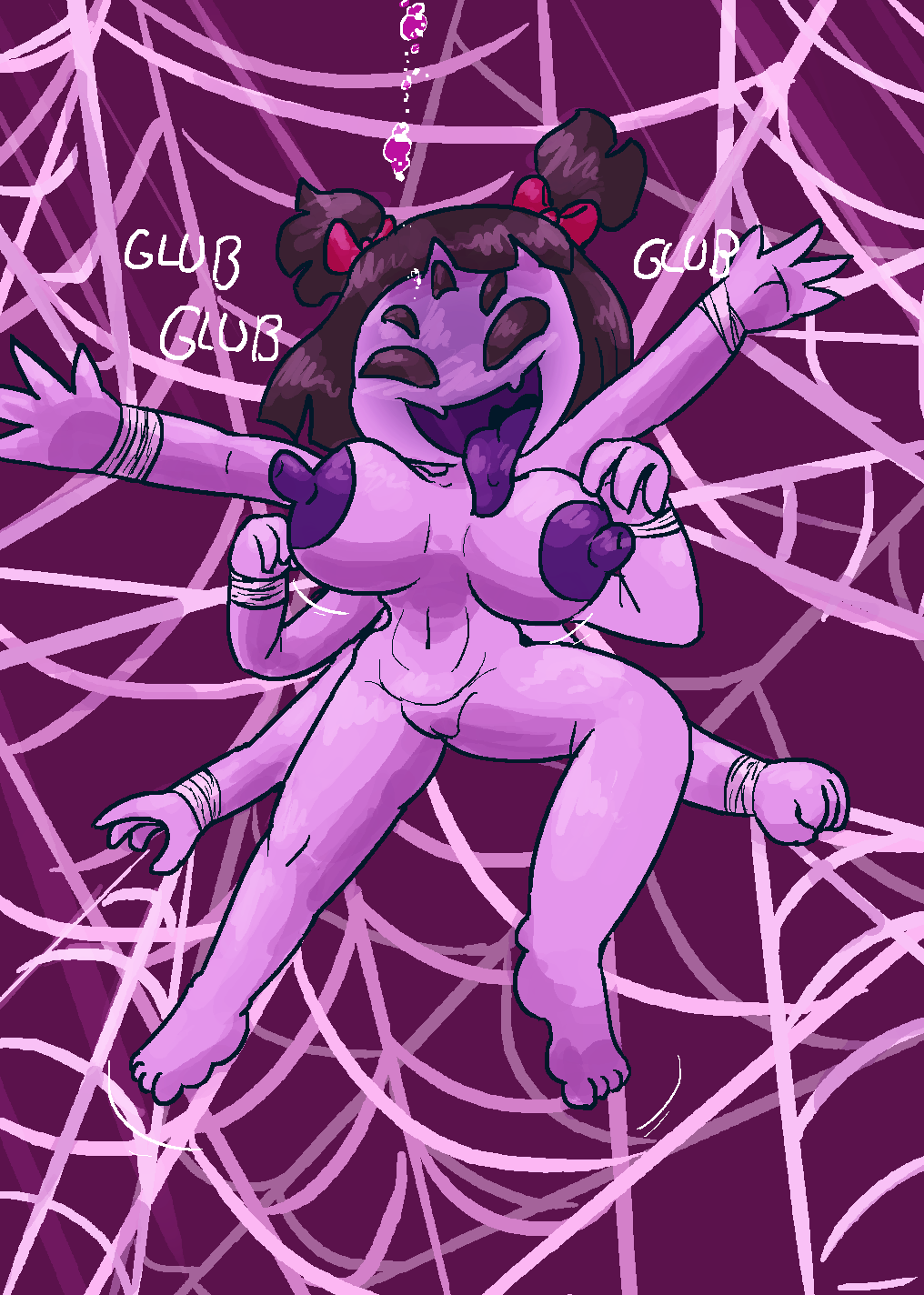 asphyxiation black_hair bondage bound bow drowning happy macareunsfw muffet naked naked_female purple_skin spider spider_girl spider_web tied_up undertale underwater zxtomatofan