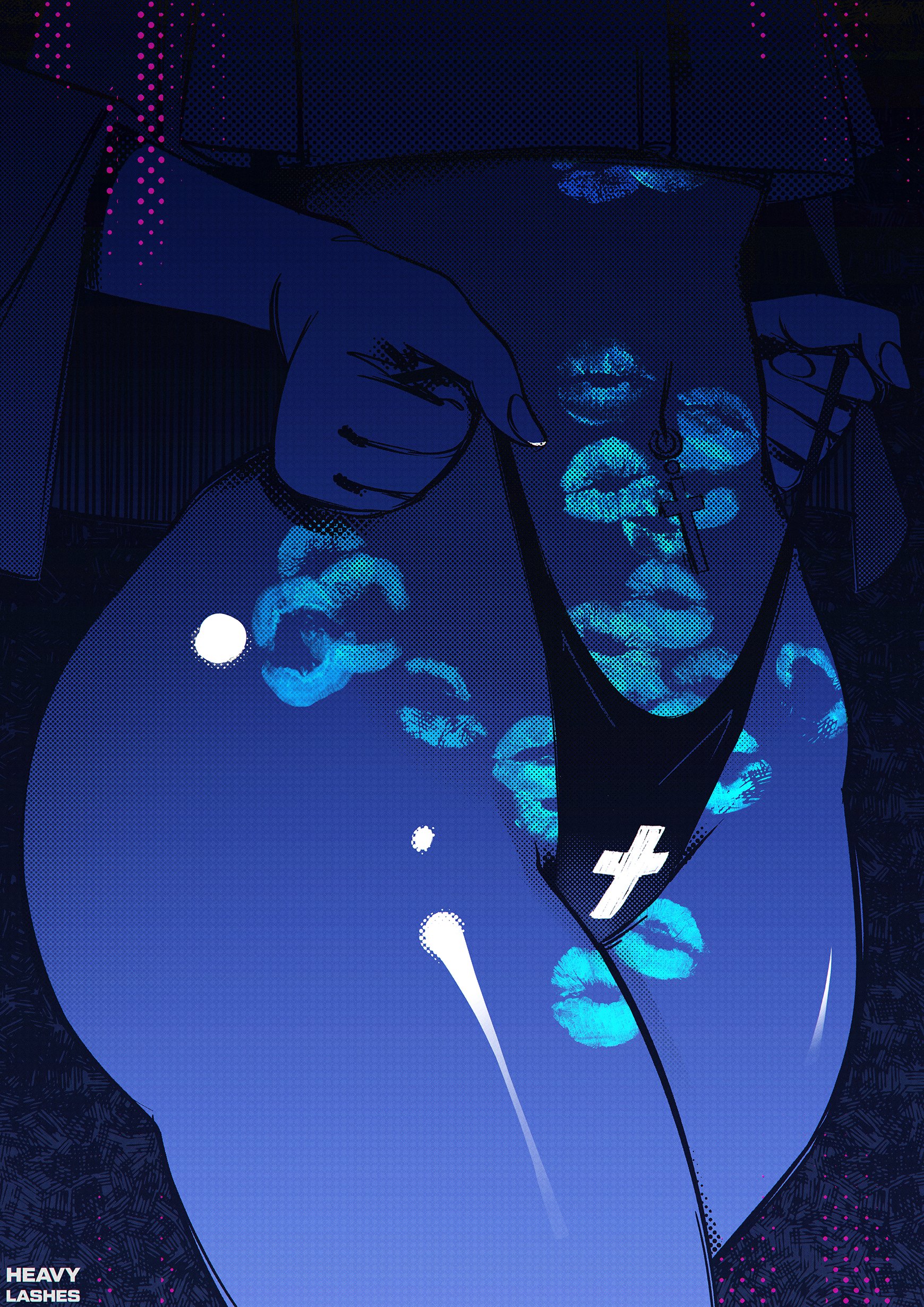 1girls, belly button piercing, blacklight, female, heavy lashes (artist), lipstick mark, lipstick marks, nun, panties, panty pull, piercing, thick waist, thighs
