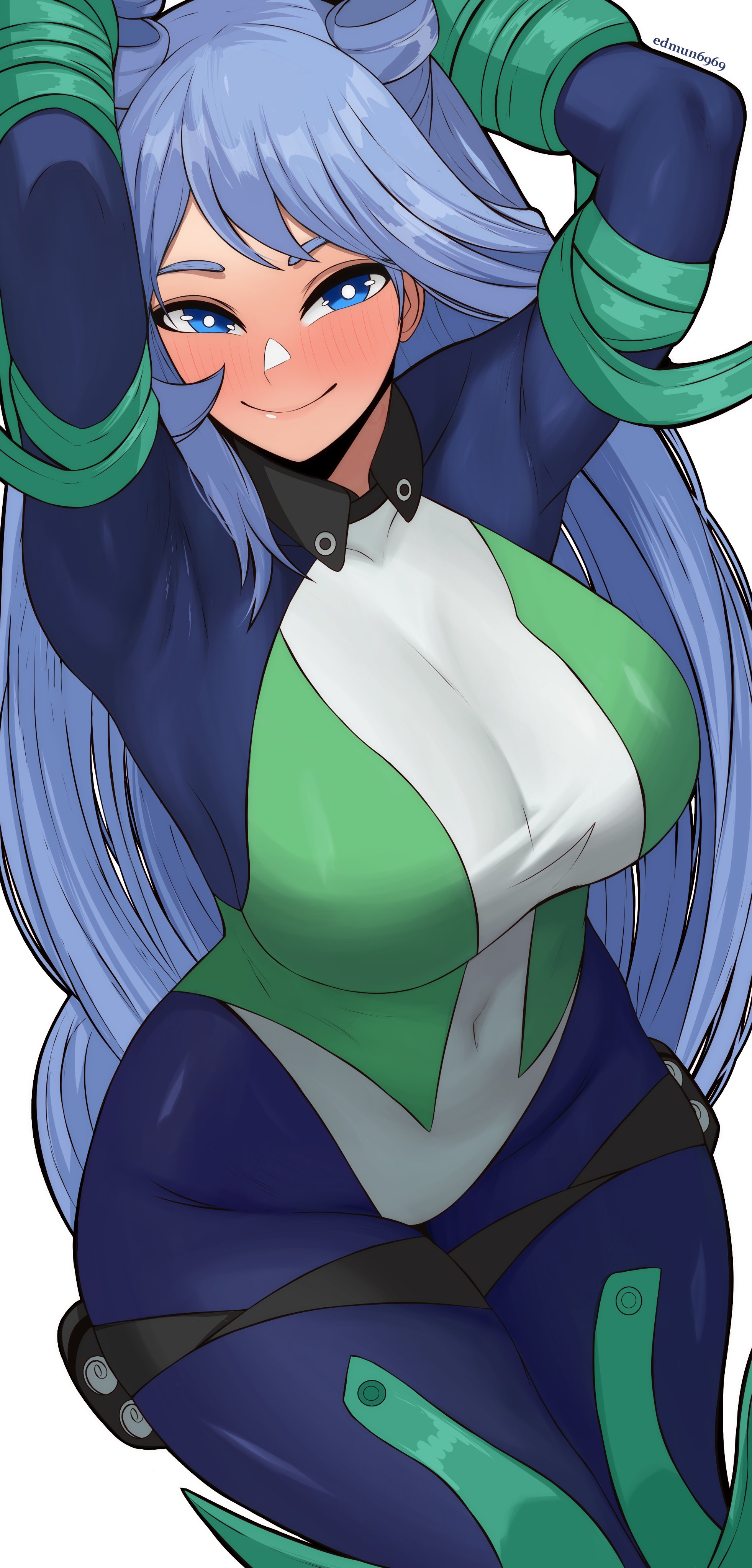 1girls, absurdres, arms up, blue bodysuit, blue eyes, blue hair, blue-haired female, blush, bodysuit, boku no hero academia, breasts, closed mouth, covered navel, drill hair, edmun, edmun6969, female, female focus, female only, green bodysuit, hado nejire, highres, large breasts, long hair, looking at viewer, multicolored bodysuit, my hero academia, nejire hado, simple background, smile, solo, solo female, very long hair, white background, white bodysuit