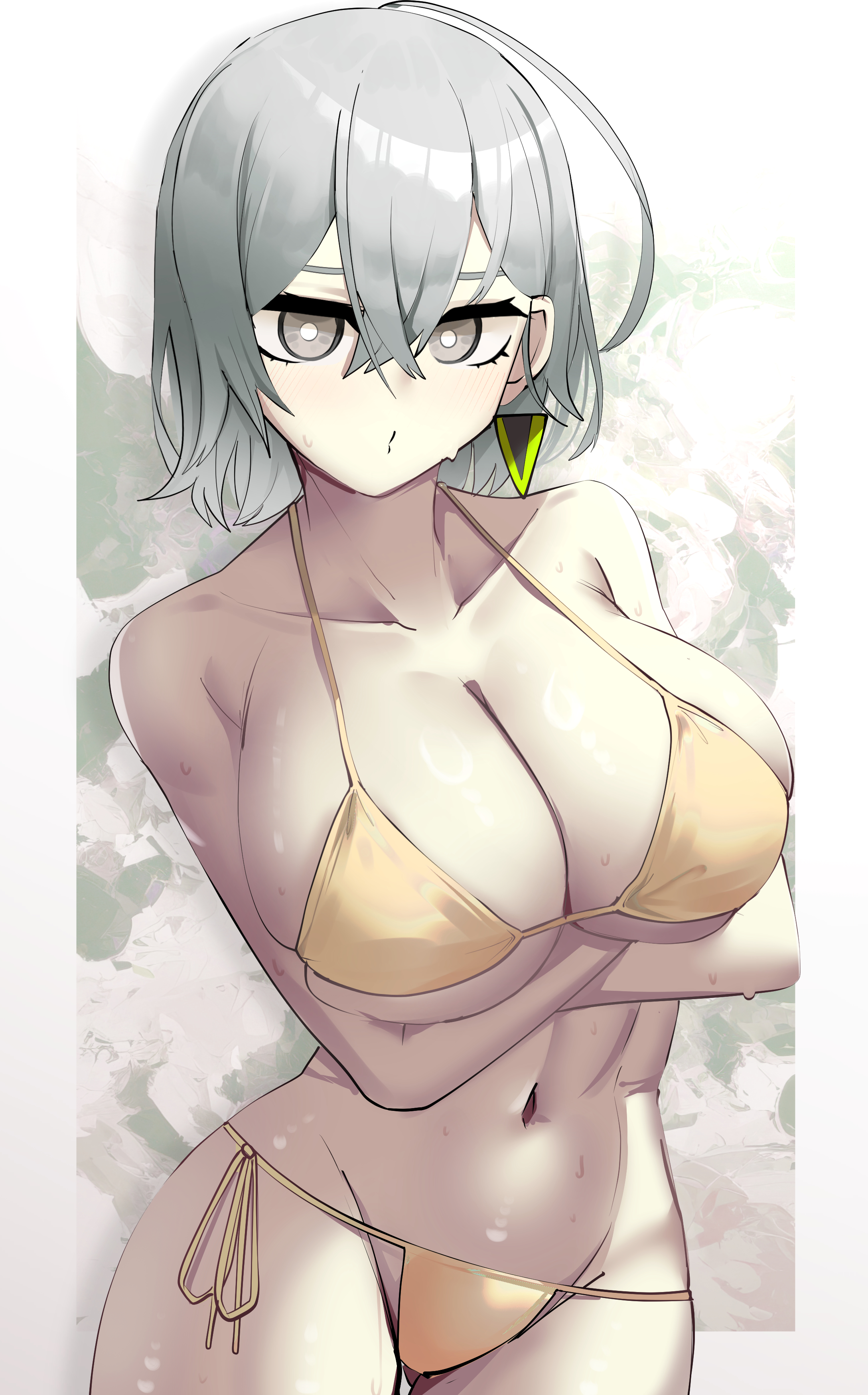 1girls, actancyaga, arms crossed, arms crossed under breasts, astellar diabellstar (sinful spoils), bikini, breasts, crossing arms, curvy, diabellstar the black witch, duel monster, earrings, female, female only, konami, light skin, light-skinned female, looking at viewer, muscular, muscular female, navel, pale skin, pale-skinned female, pose, short hair, silver eyes, silver hair, sinful spoils (yu-gi-oh!), solo, sweatdrop, yu-gi-oh!