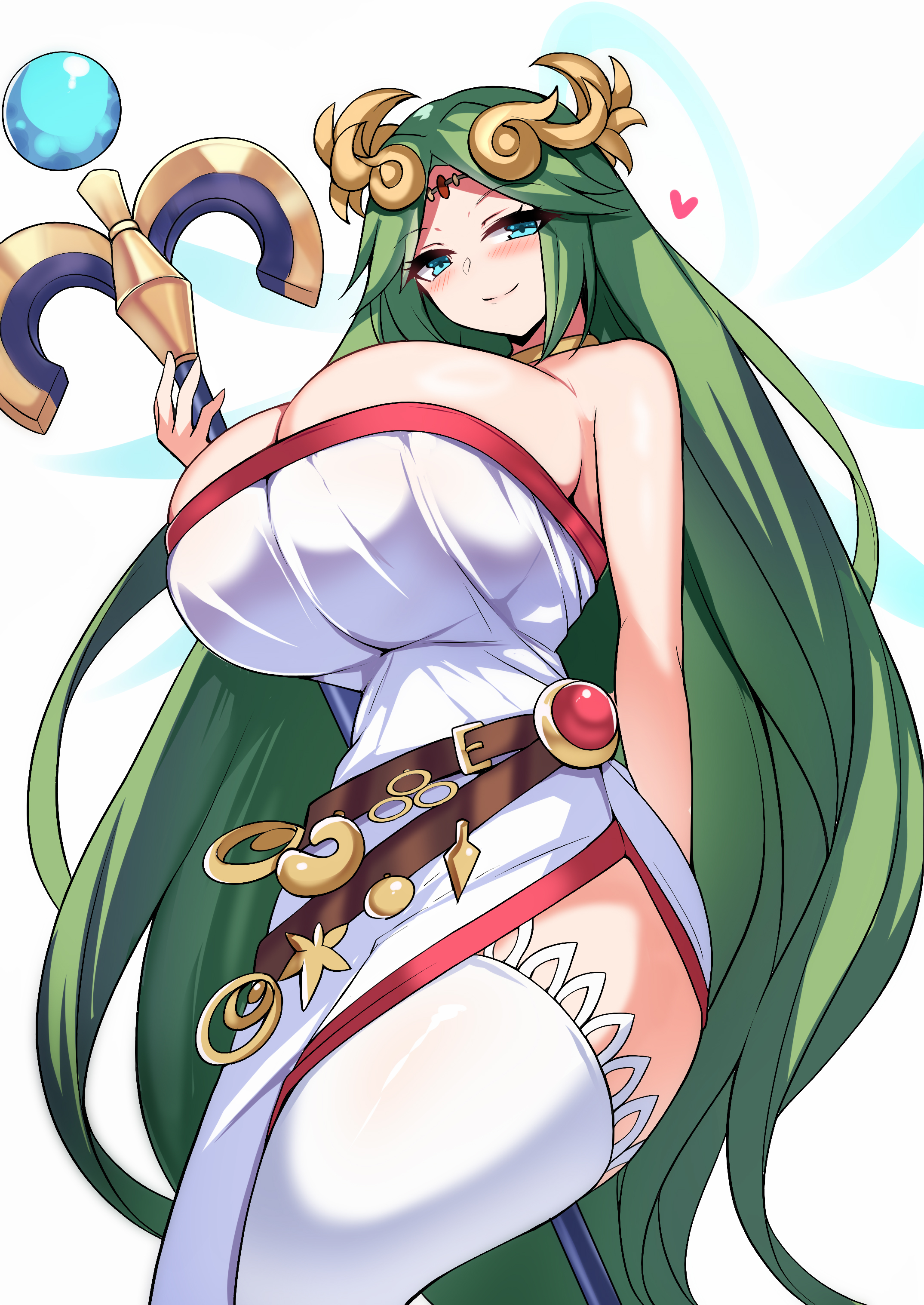 1girls, absurdres, breasts, female, female only, green eyes, grey hair, highres, huge breasts, kid icarus, kid icarus uprising, long hair, nintendo, palutena, solo, staff, tea texiamato, tiamat (momokuri mannen), very long hair