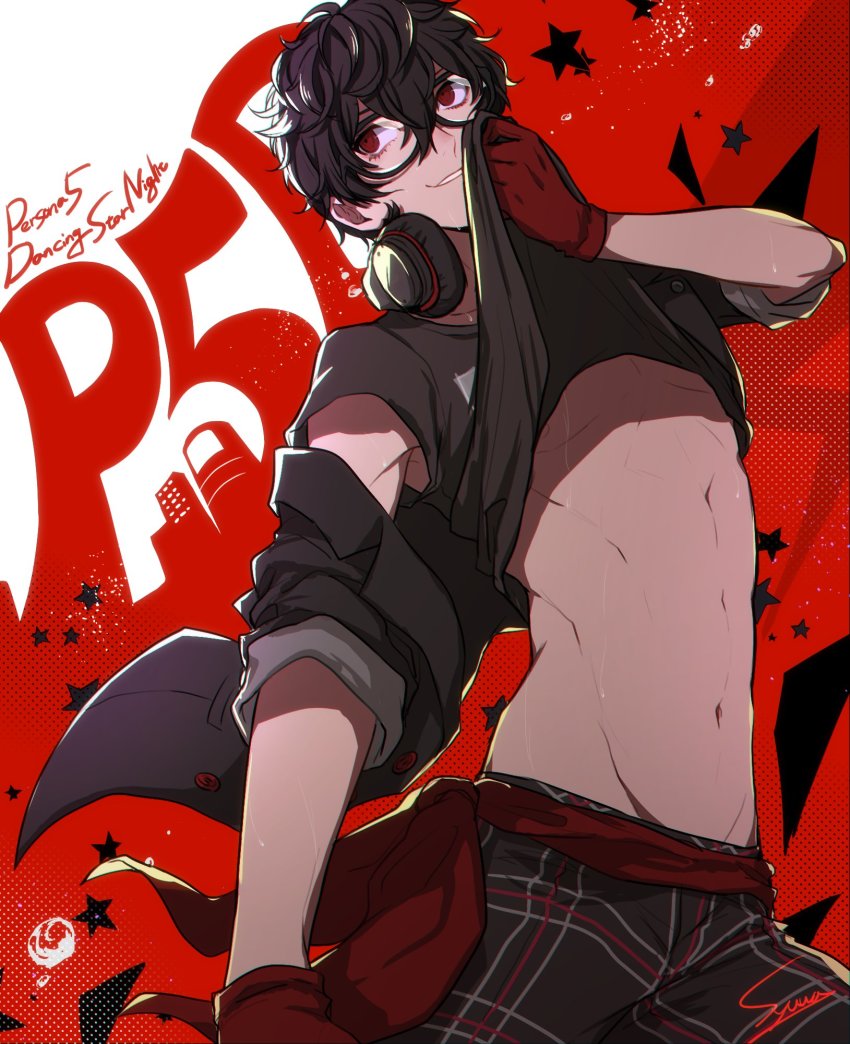 10s, 1boy, abs, artist request, atlus, black hair, glasses, gloves, highres, joker (persona), looking at viewer, male, male focus, megami tensei, persona, persona 5, persona 5: dancing star night, ren amamiya, shin megami tensei, short hair, smile, tagme