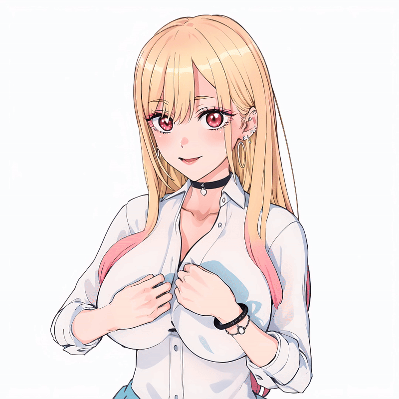 1girls, ai generated, animated, bikini, blonde hair, breast jiggle, breasts, choker, ear piercing, female, female only, human, kitagawa marin, large breasts, long hair, multicolored hair, open shirt, pitophee, red eyes, shirt, solo, sono bisque doll wa koi wo suru, tagme