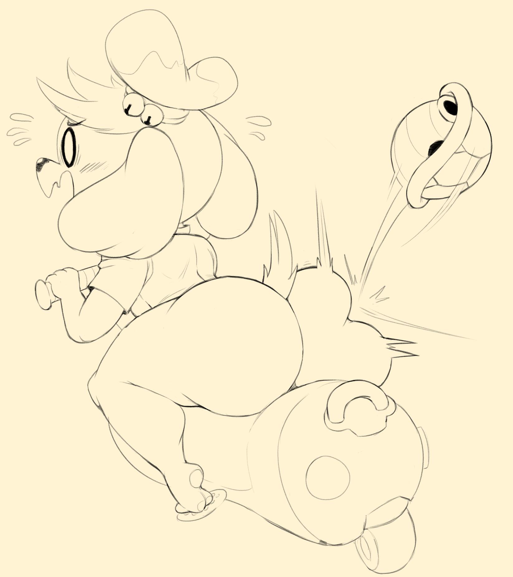 animal crossing, ass, back view, barefoot, bounce, female, huge ass, isabelle (animal crossing), jiggle, mario (series), mario kart, nintendo, purple yoshi draws, screaming, shortstack, thick thighs, year request