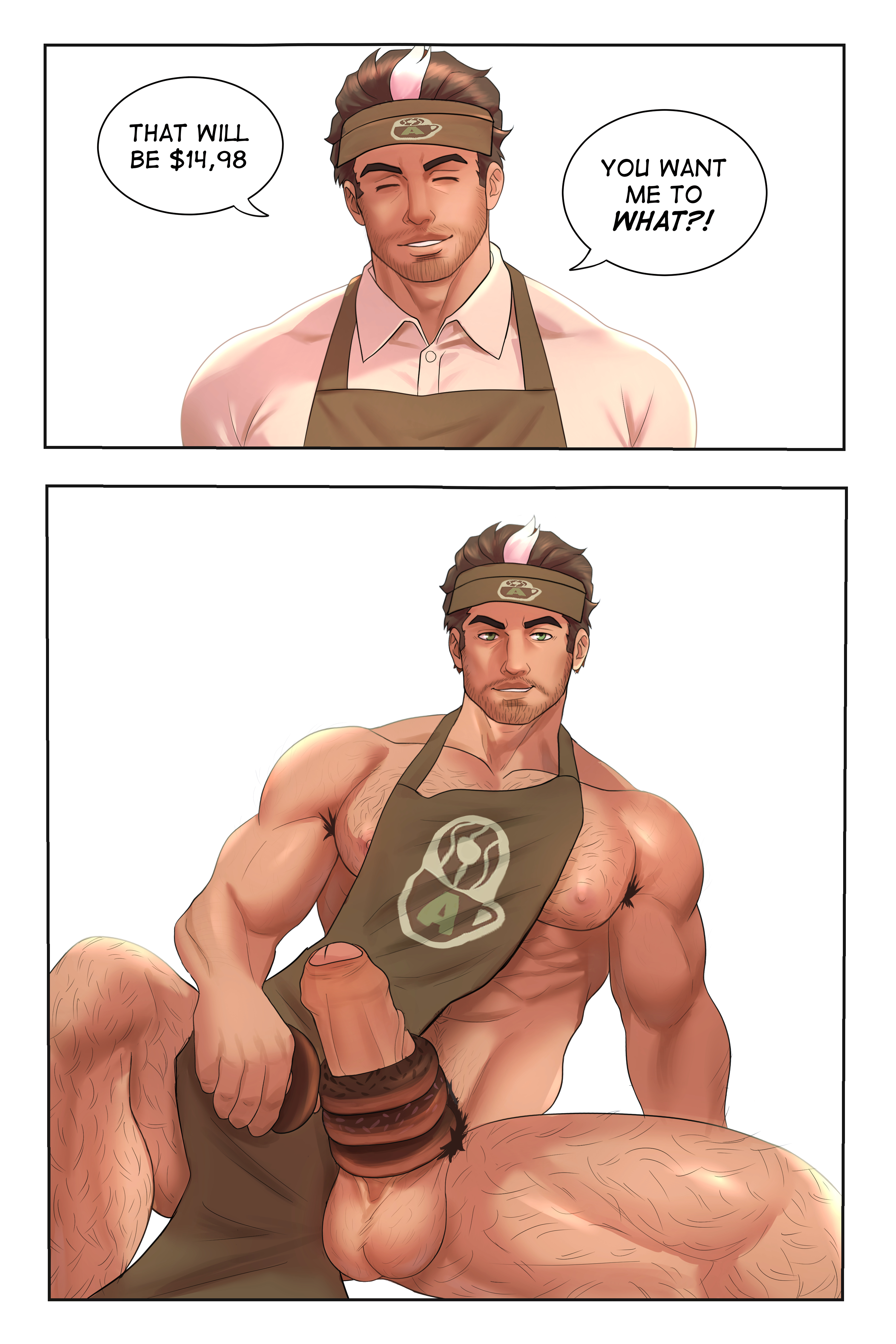1boy, apollo's, arron freeman (wyldecard), bearlcy, brown hair, brunette hair, caucasian, caucasian male, cock, coffee shop, commission, commission art, commissioner upload, dialogue, dialogue bubble, donut, donut shop, donuts, erect penis, facial hair, food play, foreskin, gay, green eyes, hairy armpits, hairy pubes, instant loss 2koma, male, male focus, male only, mallen streak, muscular, nipples, oc, original, original character, original characters, penis, pubic hair, saints row, solo male, talking to viewer, uncircumcised, uniform, uniformed male, white streak