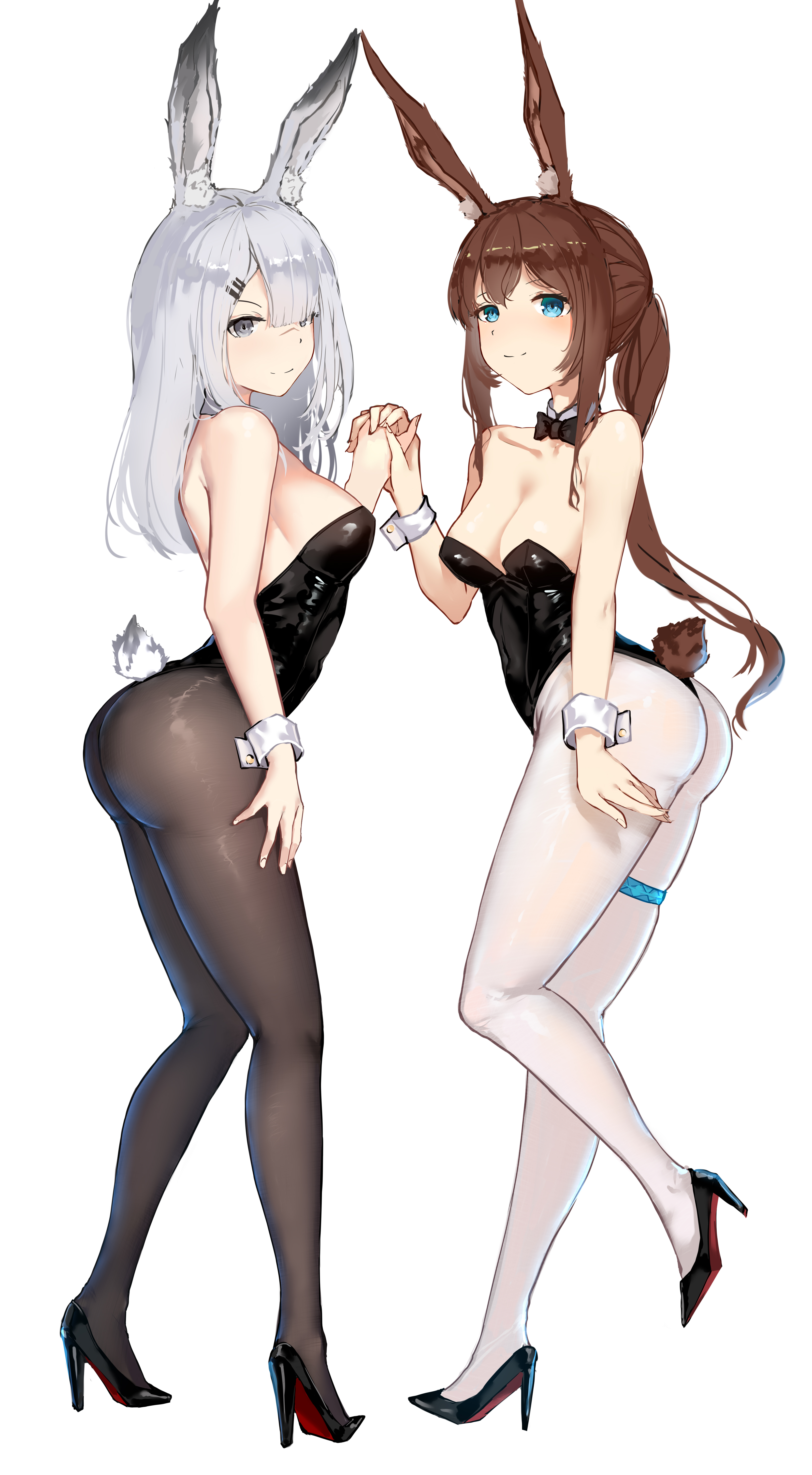 2d, 2d (artwork), 2d artwork, 2girls, adult, adult female, amiya (arknights), animal ear fluff, animal ears, ankles, arknights, ass, ass cleavage, ass crack, bare arms, bare chest, bare hands, bare shoulders, bare skin, bewitching thighs, big breasts, black bowtie, black bunnysuit, black footwear, black high heels, black legwear, black leotard, black pantyhose, black shoes, black stockings, black tights, black topwear, blue eyes, blue-eyed female, bowtie, breasts, brown eyebrows, brown hair, brown-haired female, bunny ears, bunny tail, bunnygirl, bunnygirl outfit, bunnysuit, busty, busty female, busty girl, calves, child bearing hips, cleavage, closed mouth smile, collar, collarbone, curvaceous, curvaceous body, curvaceous female, curvaceous figure, curvaceous hips, curvaceous thighs, curvy, curvy ass, curvy body, curvy female, curvy figure, curvy hips, curvy thighs, digital, digital art, digital drawing, digital drawing (artwork), digital media, digital media (artwork), elbows, exposed arms, exposed chest, exposed hands, exposed shoulders, exposed skin, feet, female, female focus, female only, fertile hips, fingernails, fingers, footwear, frostnova (arknights), full body, gluteal fold, hair between eyes, hair clip, hair clips, hairclip, hairclips, hand holding, hand on ass, hand on butt, hand on leg, hand on own ass, hand on own butt, hand on own leg, hand on own thigh, hand on thigh, hands clasped, hands together, head tilt, high heels, high resolution, highres, holding hands, hourglass figure, inframammary fold, interlocked fingers, kneepits, knees, large boobs, large breasts, lean figure, legs, legwear, leotard, long hair, looking at viewer, mature, mature female, medium breasts, multiple females, multiple girls, narrow waist, pantyhose, parted bangs, pixiv id 26716998, plump breasts, ponytail, purple eyes, purple-eyed female, shoes, shoulders, sideboob, simple background, slender body, slender waist, slim waist, smile, smiley face, smiling, smiling at viewer, smirk, standing, stockings, thick ass, thick butt, thick thighs, thighband, thighs, tights, tilted head, topwear, white background, white collar, white eyebrows, white hair, white legwear, white pantyhose, white stockings, white tights, white wrist cuffs, white-haired female, wide hips, wrist cuffs