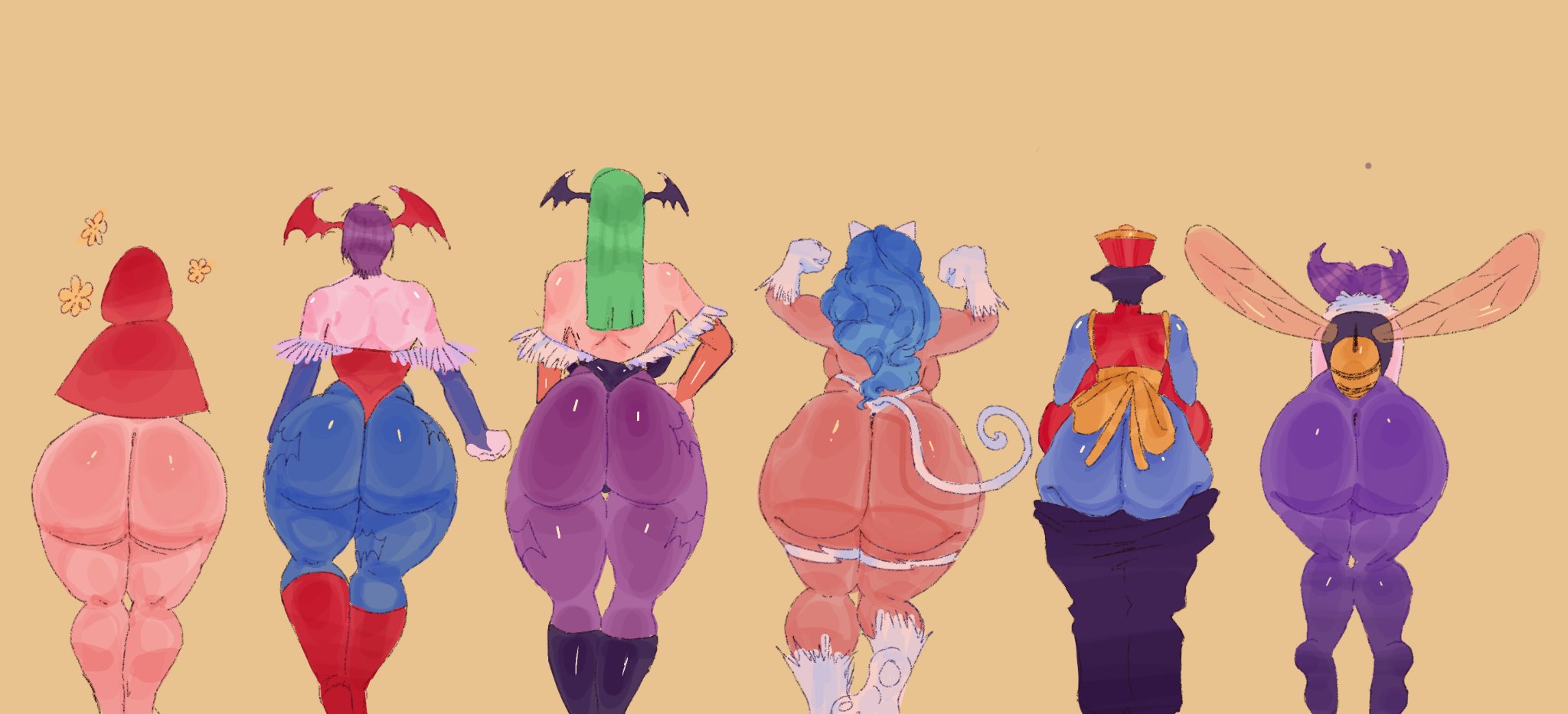 2d, 2d (artwork), 6girls, animal ears, animal tail, ass, ass bigger than head, ass chart, ass comparison, ass crack, ass crack outline, ass focus, baby bonnie hood, back view, backboob, background, bare shoulders, bee girl, bee humanoid, bee stinger, bee wings, big ass, big breasts, big butt, blue hair, blue hair female, blue skin, blue-haired female, bottom heavy, bottom heavy female, bottomless, bottomless female, breasts, bubble butt, bulleta, butt, butt bigger than head, butt crack, butt crack outline, butt focus, capcom, cat ears, cat tail, chart, clothed, clothed female, color, darkstalkers, demon, demon girl, demon wings, dudeman80085, exposed shoulders, facing away, facing away from viewer, felicia (darkstalkers), feline ears, feline tail, female, female ass, female ass focus, female butt, female focus, female only, flower, flowers, fully clothed, fully clothed female, gluteal fold, green hair, green hair female, green-haired female, hat, head wings, headwear, hips, hips wider than shoulders, hood, hood up, hsien ko, huge ass, huge breasts, huge butt, human, human female, insect girl, insect wings, large ass, large butt, legs, lei lei, lei-lei, leotard, light skin, light-skinned female, lilith aensland, lineup, long hair, long tail, monster, monster girl, morrigan aensland, multiple females, multiple girls, pale skin, pale-skinned female, pantyhose, purple hair, purple hair female, purple-haired female, q-bee, rear view, red hood, short hair, shoulders, shoulders exposed, simple background, solid color background, standing, straight hair, succubus, tail, take your pick, thick legs, thick thighs, thighs, vampire savior, video game character, video games, viewed from behind, wide hips, wings, wings on head, yellow flower, yellow flowers