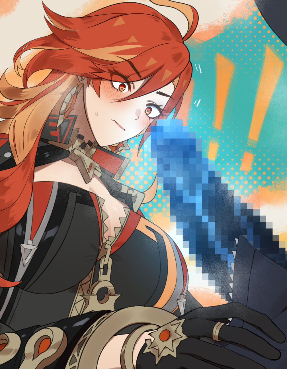 !! 1boy 1boy1girl 1girls abstract_background ahoge background before_oral before_sex blush bodysuit breasts capitano_(genshin_impact) censored censored_genitalia censored_penis clothed_female cock_shock earrings female genshin_impact gloves glowing_genitalia glowing_penis highres hoyoverse jewelry long_hair male male/female mavuika_(genshin_impact) mihoyo multicolored_hair orange_hair penis red_eyes red_hair sgrimp shocked shocked_expression straight unseen_male_face unusual_pupils unzipped_pants zipper