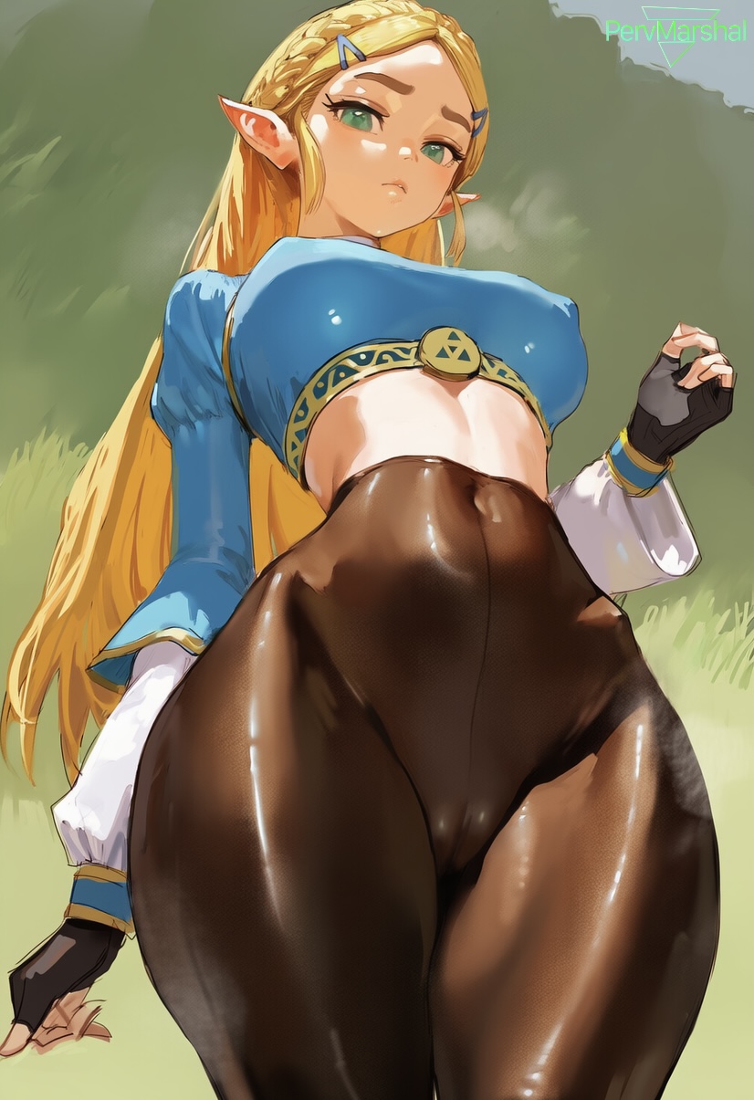 1girls, ai generated, blonde hair, breath of the wild, cameltoe, female, female only, from below, high-waist pants, long hair, marshalperv, pervmarshal, princess zelda, pussy, shiny skin, solo female, the legend of zelda, thick thighs, zelda (breath of the wild)
