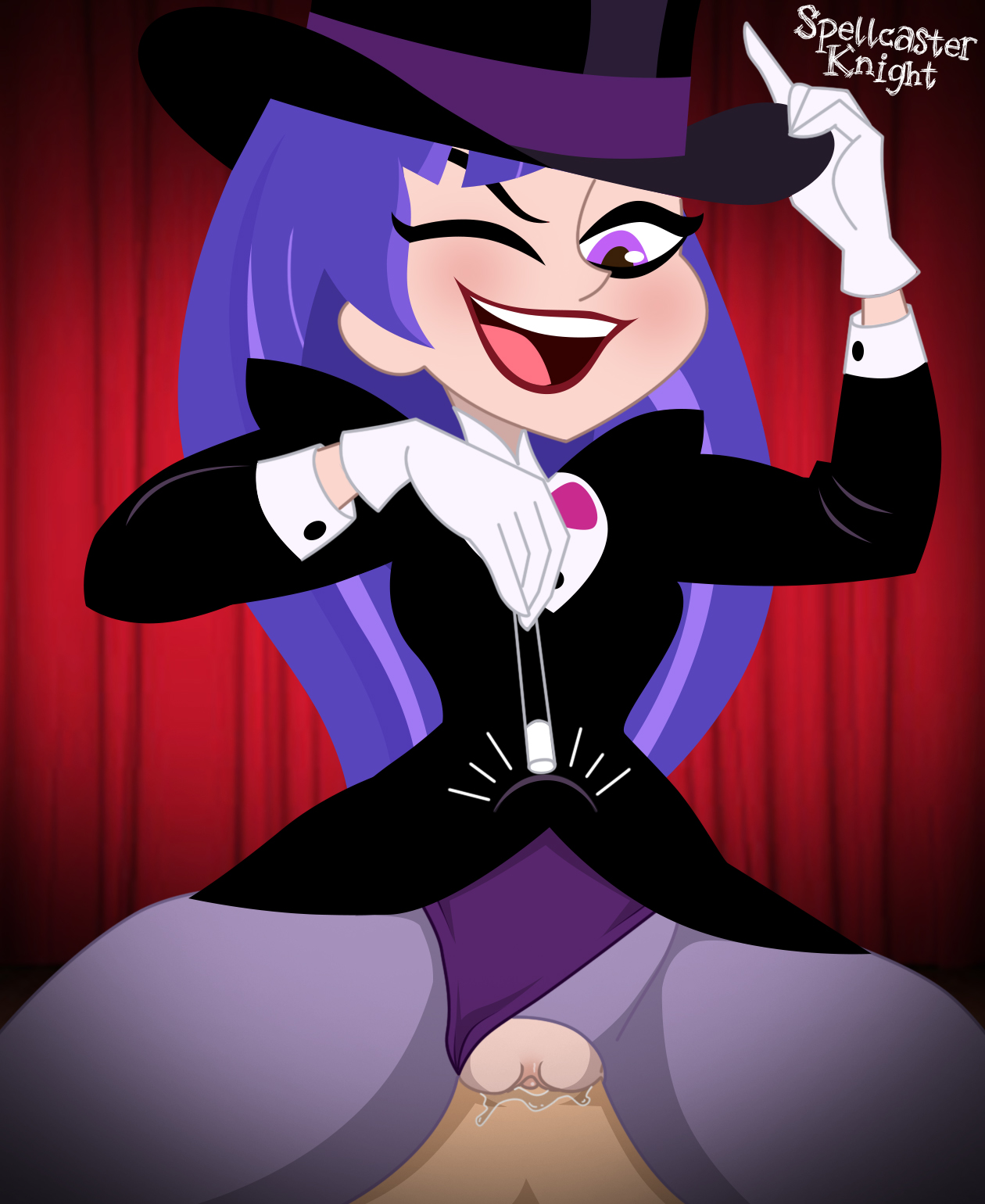 1boy, 1girls, 2d, 2d (artwork), accurate art style, alternate version available, artstyle imitation, belly button, blush, clothed, clothed female, clothing, completely nude, dc, dc comics, dc super hero girls, female, gloves, hat, hourglass figure, hourglass figured female, long hair, long-haired female, magic trick, magic wand, magician, magician hat, magician tuxedo, male, mostly clothed, mostly clothed female, nude, nude male, open mouth, panties, panties aside, partial male, purple hair, purple-haired female, pussy, pussy out, spellcaster knight, thick thighs, top hat, vaginal penetration, wink, winking, winking at viewer, zatanna, zee zatara