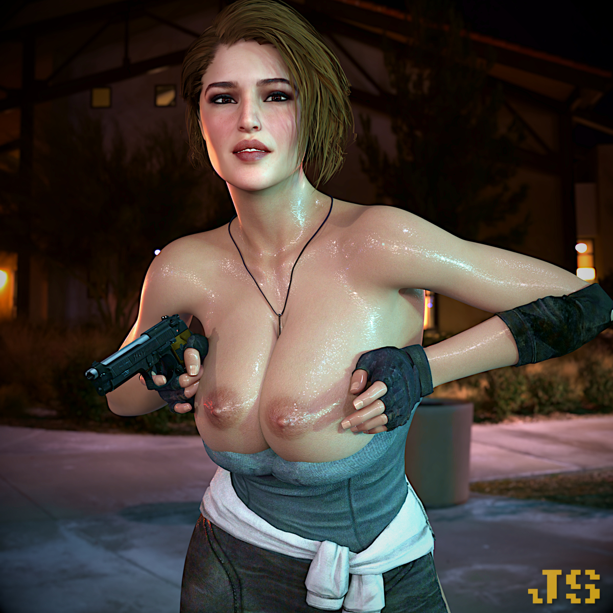 1girls, 3d, big breasts, breasts, brown hair, capcom, female, female only, jill valentine, jill valentine (blonde), jonysambel, nipples, resident evil, solo, tubetop