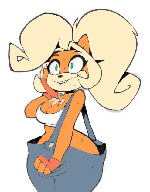 bigdad, bimbo, biting lip, breasts, busty, cleavage, coco bandicoot, crash (series), female, furry, hip cleavage, hip focus, hips wider than shoulders, nothing under overalls, overalls, overalls only, robinebra, tagme