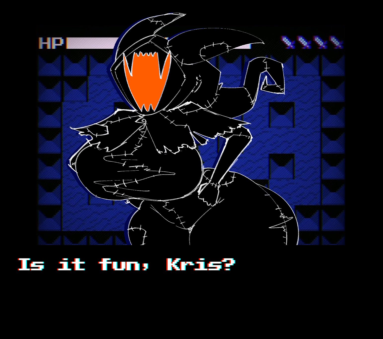 1girls, anaglyph, ass, background, big ass, big breasts, breasts, deltarune, deltarune chapter 3, english text, eram, female, female only, first porn of character, non-human, one cryptid, open mouth, shadow mantle, solo, talking to another, text, thick thighs, thunder thighs