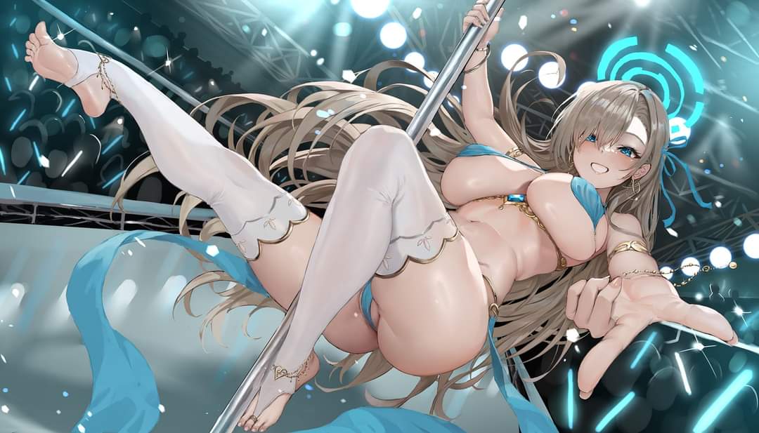 1girls, alternate costume, artist request, asuna (blue archive), big breasts, blue archive, breasts, female, female only, halo, pole, pole dancing, stage, stage lights, stockings