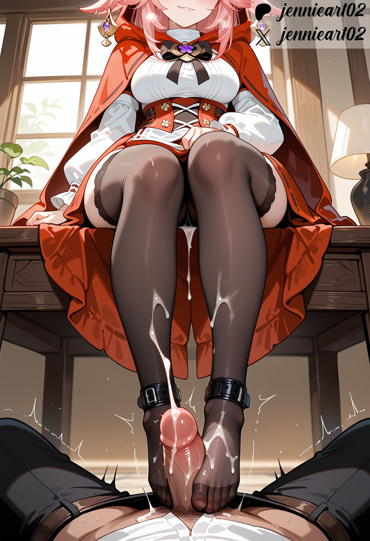 1boy, ai generated, animal ears, ashikoki, bangs, barefoot, belt, black legwear, black pantyhose, black thighhighs, blush, breasts, cape, closed mouth, clothing, cross earrings, cum, cum on body, cum on feet, desk, dress, earrings, ejaculation, english text, erection, feet, female, footjob, genital fluids, genshin impact, hair ornament, hood, indoors, jennieart02, jewelry, lamp, large breasts, legwear, long hair, long sleeves, male, nakadashi, no shoes, pants, pantsu, patreon, patreon logo, patreon username, penis, penis out, pink hair, plant, pussy, semen, semen on body, semen on feet, sex, shirt, sitting, skirt, smile, soles, solo focus, spread legs, straight, text, thighhighs, thighs, toes, twitter, twitter username, two-footed footjob, underwear, vagina, watermark, white shirt, window, yae miko, yae miko (genshin impact)