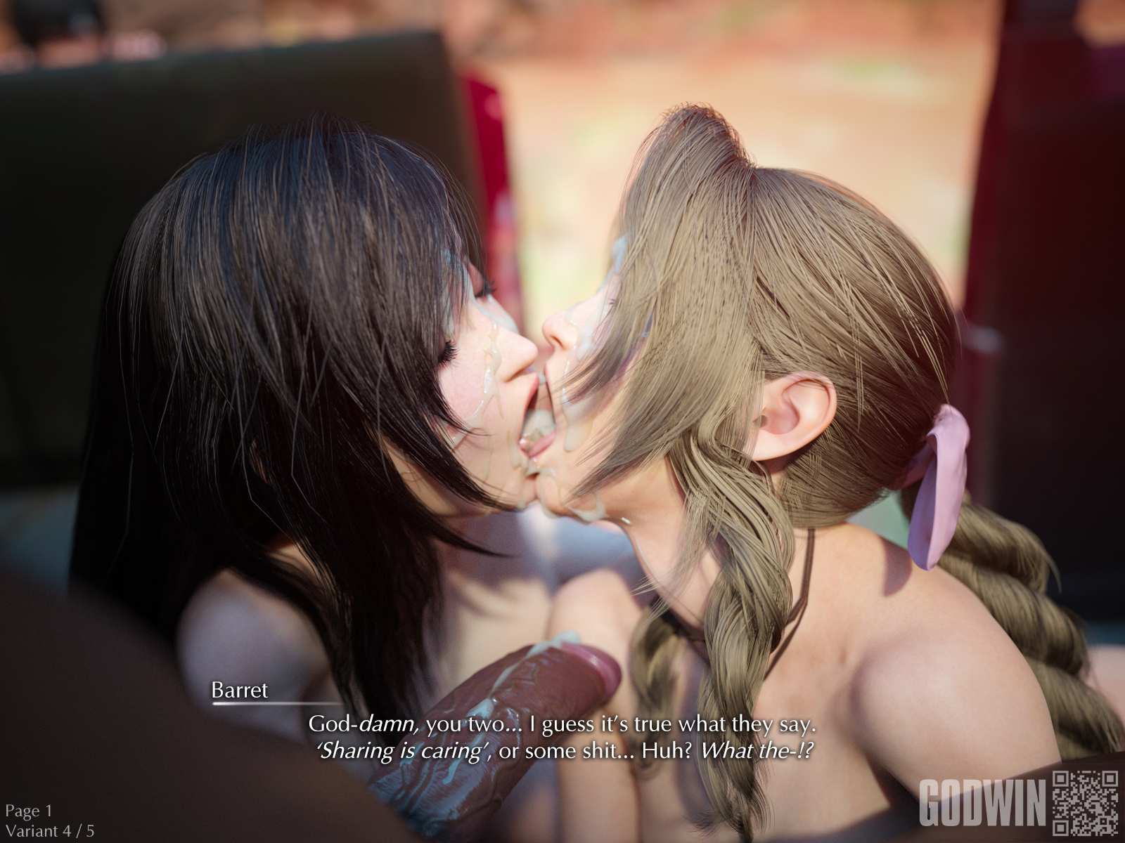 1boy, 2girls, 3d, aerith gainsborough, ass, ass crack, barret wallace, big cock, big dick, big penis, bisexual, bisexual female, black hair, black skin, blowjob, braid, brown hair, bukkake, butt crack, closed eyes, cock, comic, comic page, cum, cum kiss, cum on body, cum on face, cum rope, cum sharing, cum swap, cumming, cumming on face, cumshot, cumshot in mouth, cumswap, dark brown hair, dark skin, dark-skinned male, dialogue, facial, fellatio, female, female focus, ffm threesome, final fantasy, final fantasy vii, final fantasy vii remake, fit female, godwin, hair ribbon, interracial, kissing, kneeling, kneeling oral position, large penis, leaking cum, lewd, light brown hair, light skin, light-skinned female, long hair, male, multiple females, multiple girls, neroxliv, nude, nude female, nude male, outdoor sex, outdoors, outside, outside sex, penis, ponytail, saliva on penis, sharing cum, size difference, snowballing, subtitled, tagme, talking, talking to another, thick penis, threesome, tifa lockhart, tongue, twin braids, veiny penis, white skin, wink, yuffie kisaragi