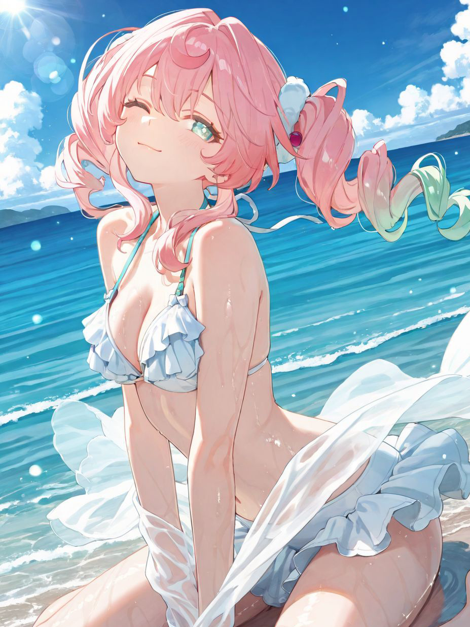 ai generated, beach, bikini, breasts, female, female only, gradient hair, honkai: star rail, hyacine (honkai: star rail), looking away, medium breasts, pink hair, squatting, turquoise eyes, twintails