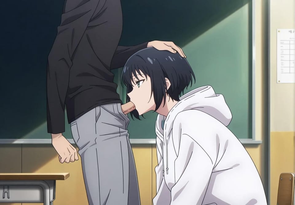 ai generated, black hair, blowjob, clothed, emotionless, female, han song-yi, hand on head, oral, schoolgirl, short hair, solo leveling, student, teenage female, teenager