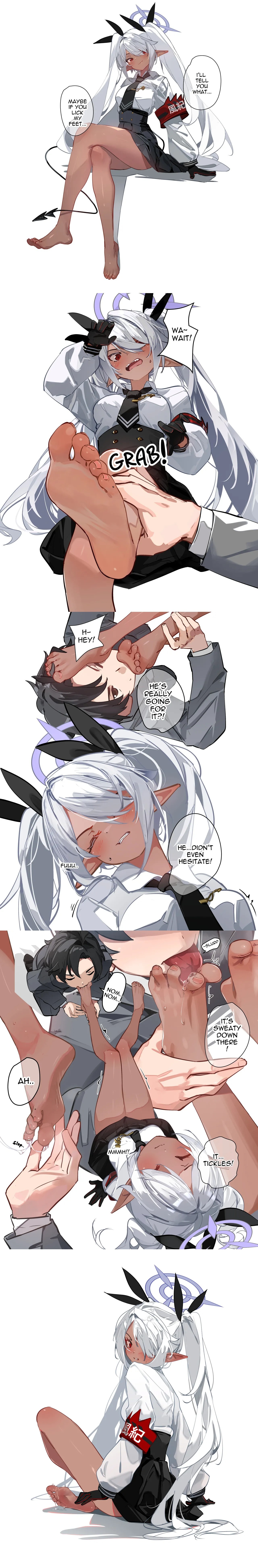 1boy, 2d, armband, barefoot, black gloves, black halo, black horns, black necktie, blinking, blue archive, blur censor, blush, clenched teeth, cuckquean, dark skin, dark-skinned female, demon, demon girl, demon horns, demon tail, demon wings, desk, dutch angle, expressionless, eyeless male, faceless male, feet, female, foot fetish, foot lick, gehenna academy student, gloves, halo, hina (blue archive), horns, indoors, iori (blue archive), legs, licking, licking foot, light skin, light-skinned female, light-skinned male, long hair, long sleeves, male, moaning, motion blur, multi horn, multiple females, multiple girls, navel, necktie, nose blush, on desk, penis, petite, pointy ears, prefect team (blue archive), purple eyes, purple halo, pussy, pussy juice, pussy juice trail, red armband, saliva, sensei (blue archive), short hair, sitting, spread legs, straight, sucking toes, sweat, sydus, tail, tail around waist, teeth, testicles, thighs, tie clip, toe sucking, toes, twintails, white hair, wide-eyed, young