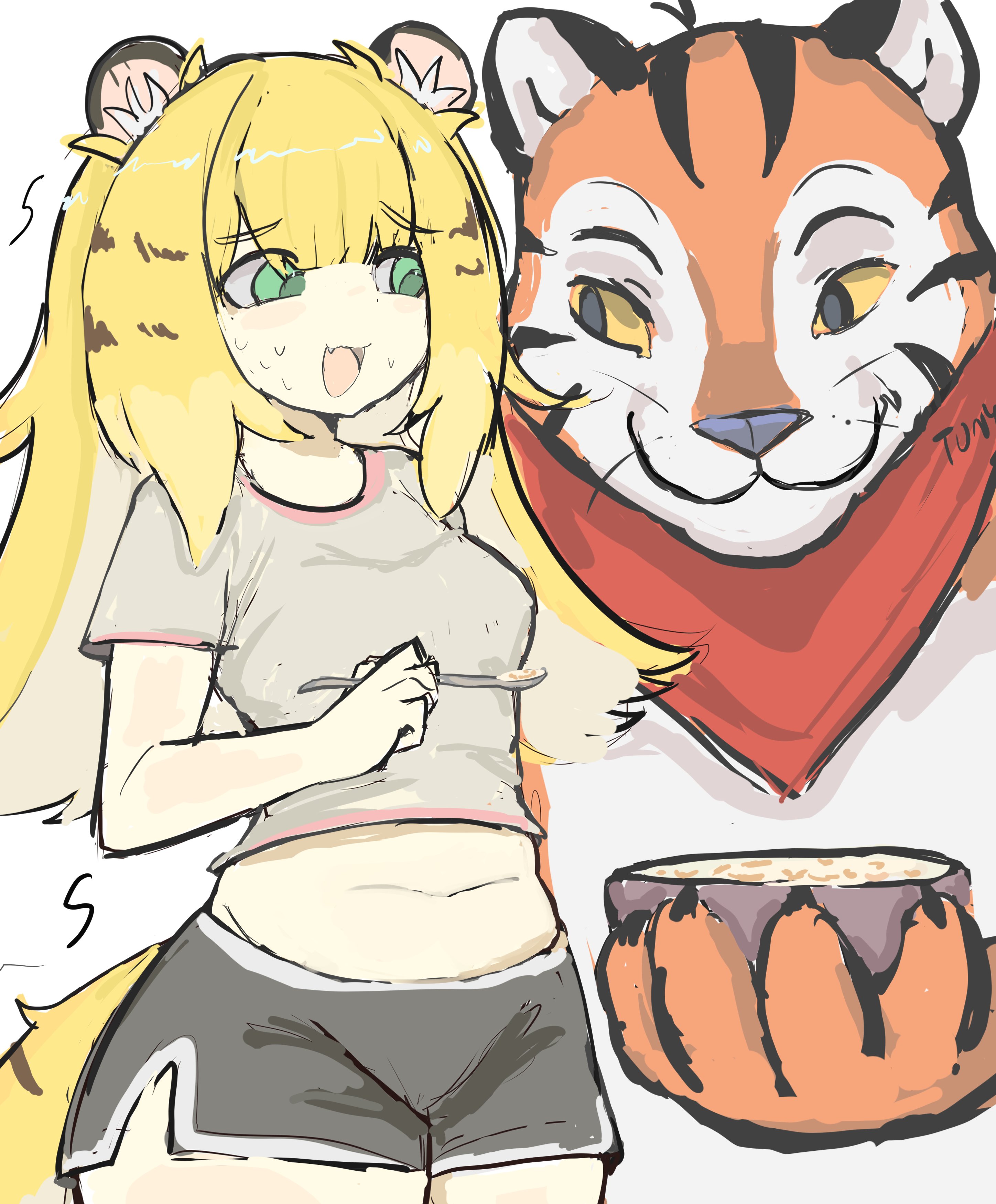 1boy, 1girls, 2025, 2d, bangs, big breasts, big thighs, breasts, cat ears, cat girl, catgirl, cereal, chubby, chubby female, crop top, female, green eyes, jade eyes, ju fufu, large breasts, light skin, light-skinned female, long hair, male, melink (artist), nervous, solo focus, sweat, sweating, tagme, tail, thick thighs, tiger girl, tony the tiger, white background, yellow hair, zenless zone zero