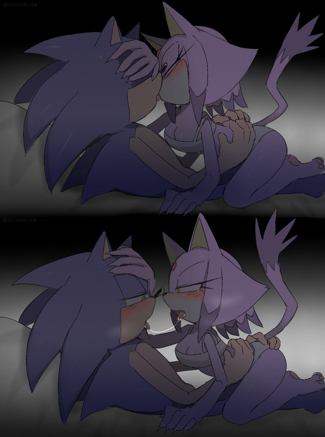 1boy, 1girls, anthro, ass, ass grab, big breasts, blaze the cat, blush, breasts, feline, female, french kiss, hedgehog, imminent sex, kissing, male, romantic, romantic couple, saliva, saliva string, sonic (series), sonic the hedgehog, sonic the hedgehog (series), tongue, tongue out, underwear, yeonwu22