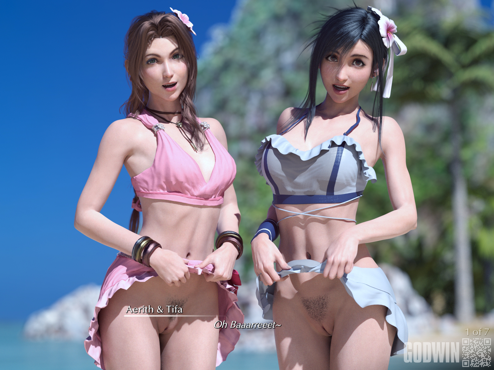 2girls, 3d, aerith gainsborough, bottomless, female, female only, final fantasy, final fantasy vii, flashing, flashing pussy, godwin, pussy, tagme, tifa lockhart