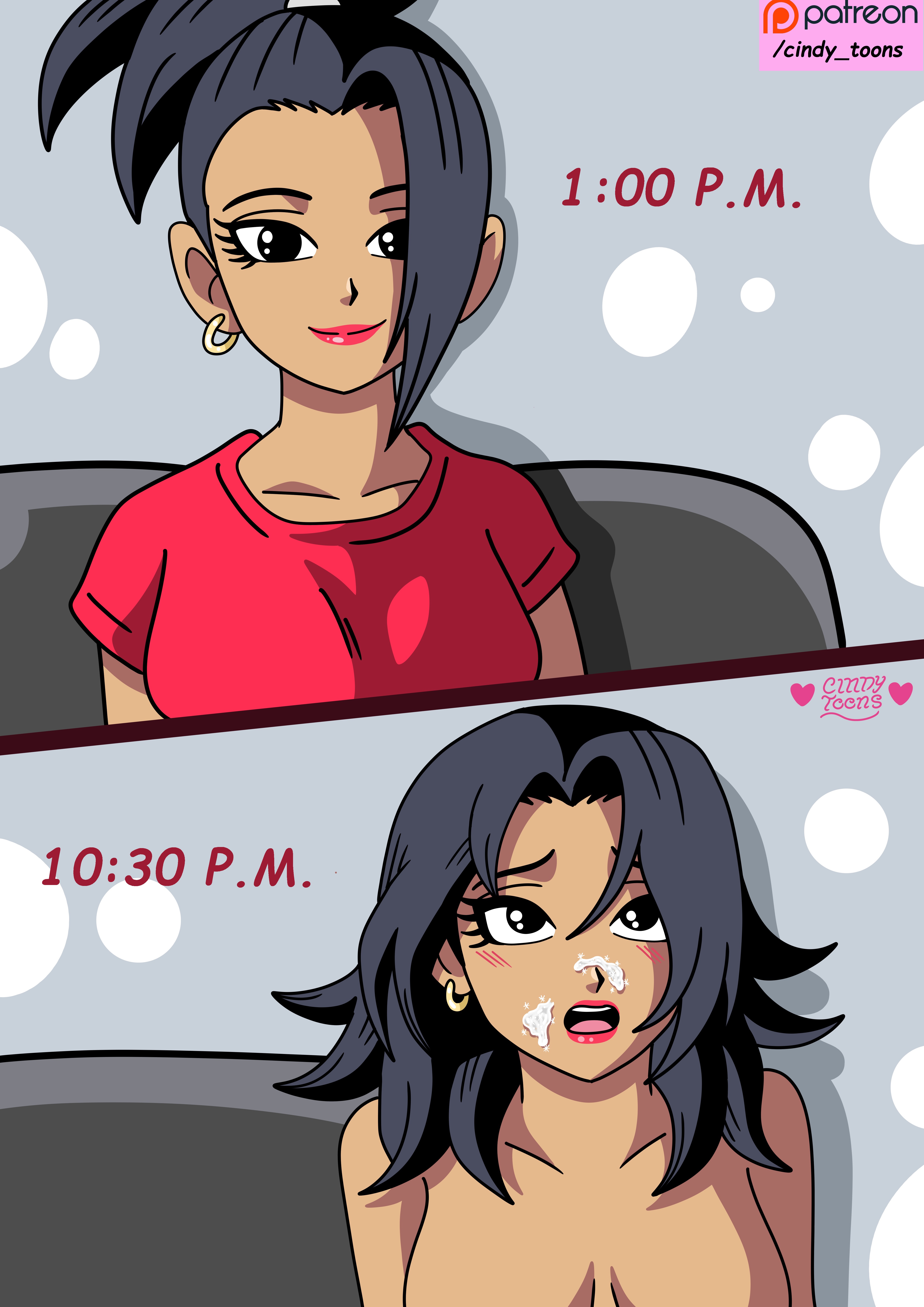 before and after, black hair, blush, blush lines, blushed face, blushing female, breasts, brown hair, brown skin, cindy toons, comic, comic page, comic panel, cum, cum on face, cumdump, disheveled, dragon ball, dragon ball super, female, kale, lips, lipstick, long hair, makeup, open mouth, ponytail, red lips, red lipstick, red makeup, red shirt, saiyan, saiyan female, schedule, shirt, sofa