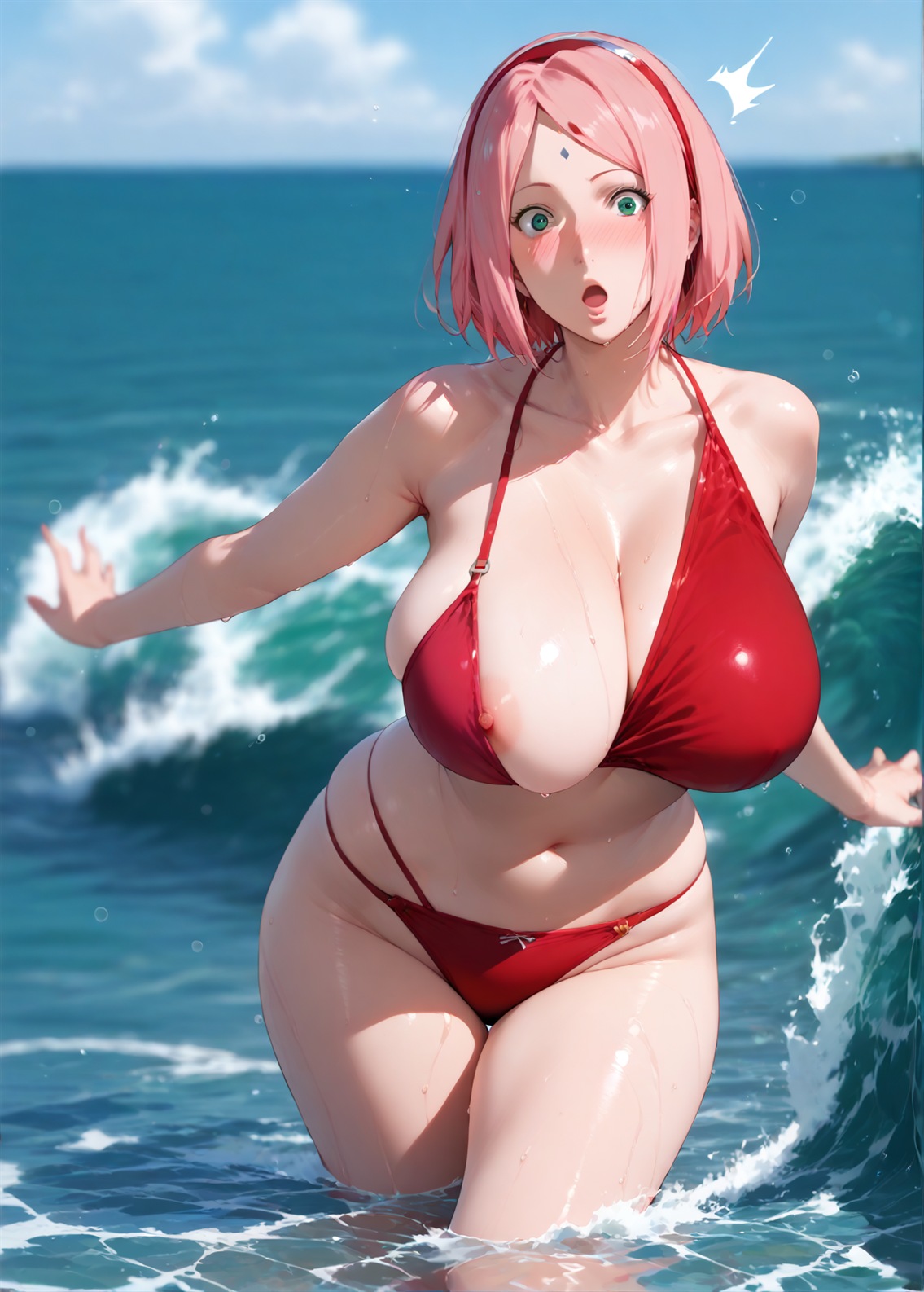 1girls, 2d, accidental exposure, ai generated, alternate breast size, ass, big ass, big breasts, bikini, boruto: naruto next generations, breasts, breasts bigger than head, breasts out, busty, cleavage, curvaceous, curvaceous female, curvaceous figure, curvy, curvy figure, fat breasts, female, female only, high quality, hourglass figure, huge breasts, in water, inconvenient breasts, large breasts, light skin, light-skinned female, lips, looking at viewer, mature, mature female, medium hair, milf, milf-master, mommy, naked, naruto, naruto (series), naruto shippuden, nipple slip, nipples, nude, nude female, one breast out, outdoors, pale skin, pale-skin, pale-skinned female, pink hair, posing, sagging breasts, sakura haruno, sea, seductive, seductive look, sexy pose, short hair, stable diffusion, surprised, surprised expression, swimwear, tagmeo, thick thighs, thighs, tits out, water, wide hips
