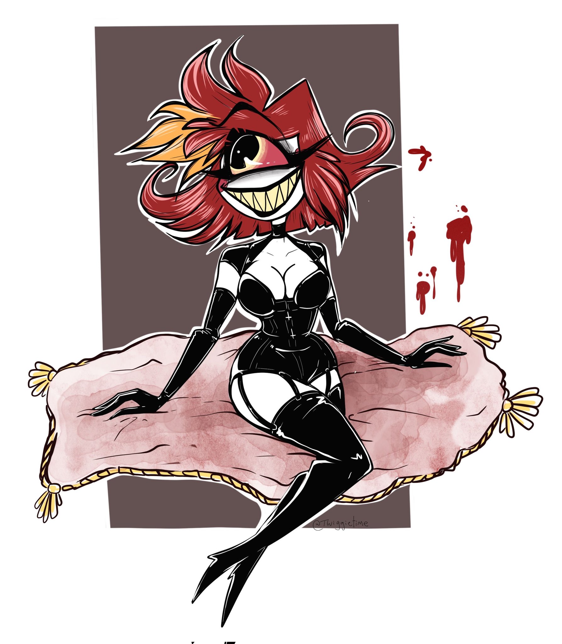 bdsm suit, big breasts, black clothes, black clothing, blood, bondage suit, boots, breasts, brown background, female, flirtatious, flirting, flirting look, flirty, hazbin hotel, high heel boots, high heels, looking away, nice tits, niffty, petite, petite body, petite female, pink pillow, red eye, red hair, slim waist, solo, solo female, solo focus, tender, thick thighs, thigh highs, thigh strap, thigh straps, thigh-highs, thighhighs, thighs together, twiggietime, vivienne medrano, vivziepop, white background, white skin, white skinned female, wide grin