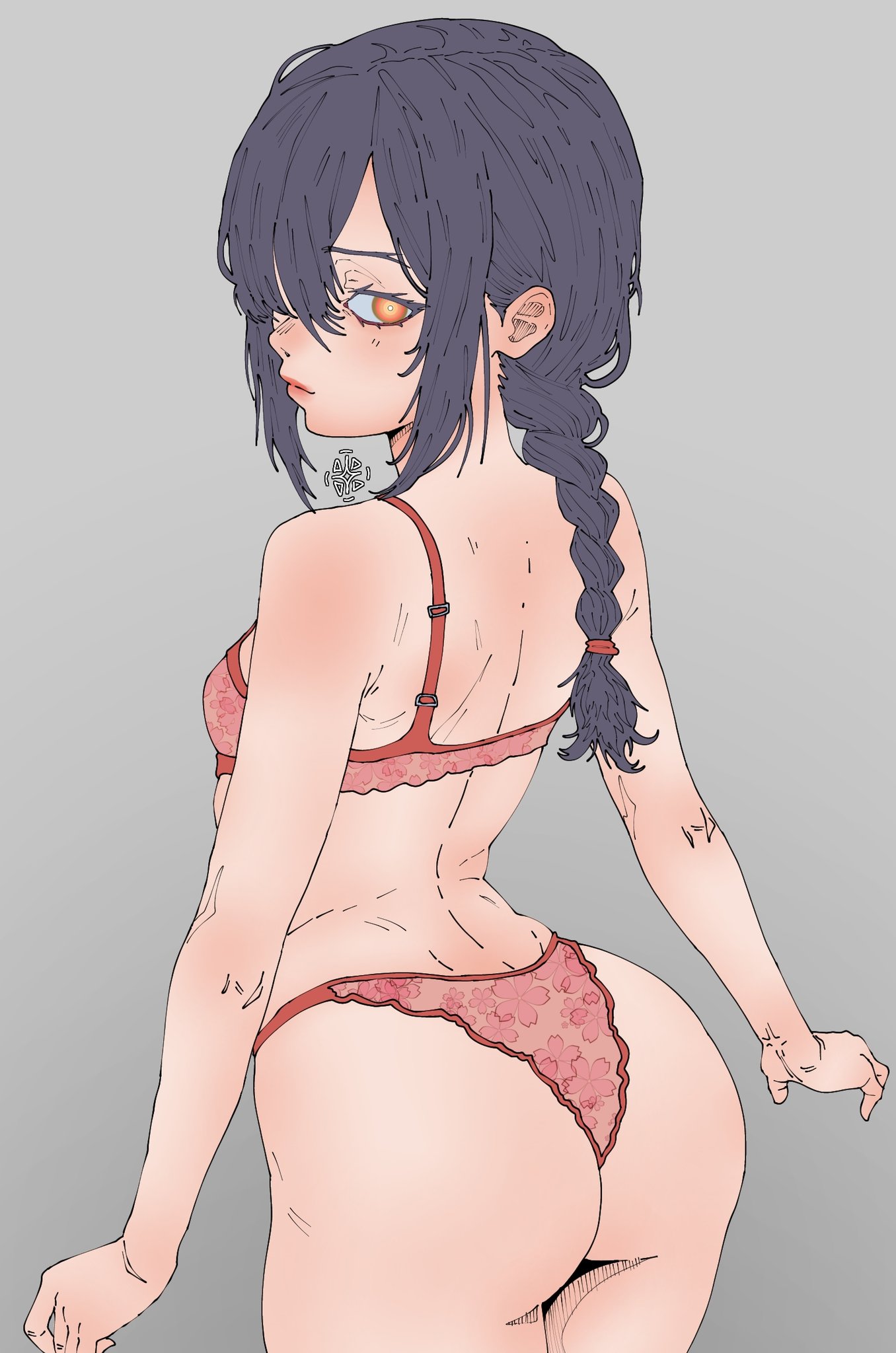 amphyshira, ass, ass focus, bra, breasts, chainsaw man, female, flat chest, lingerie, looking back, nayuta (chainsaw man), panties, underwear