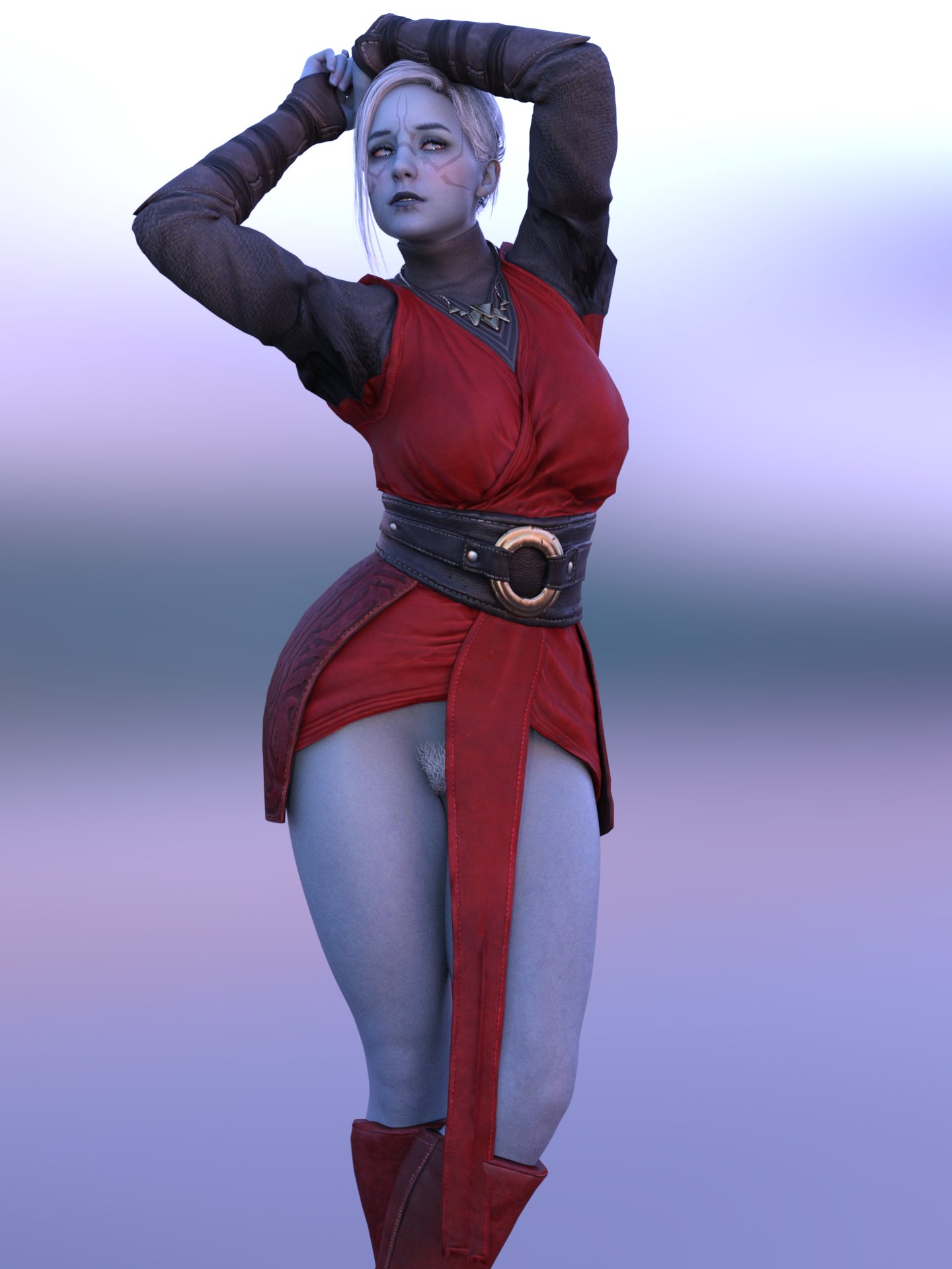 1girls, 3d, boots, female, female only, grey skin, jonysambel, merrin, no panties, pubic hair, pussy, red boots, solo, star wars, white hair