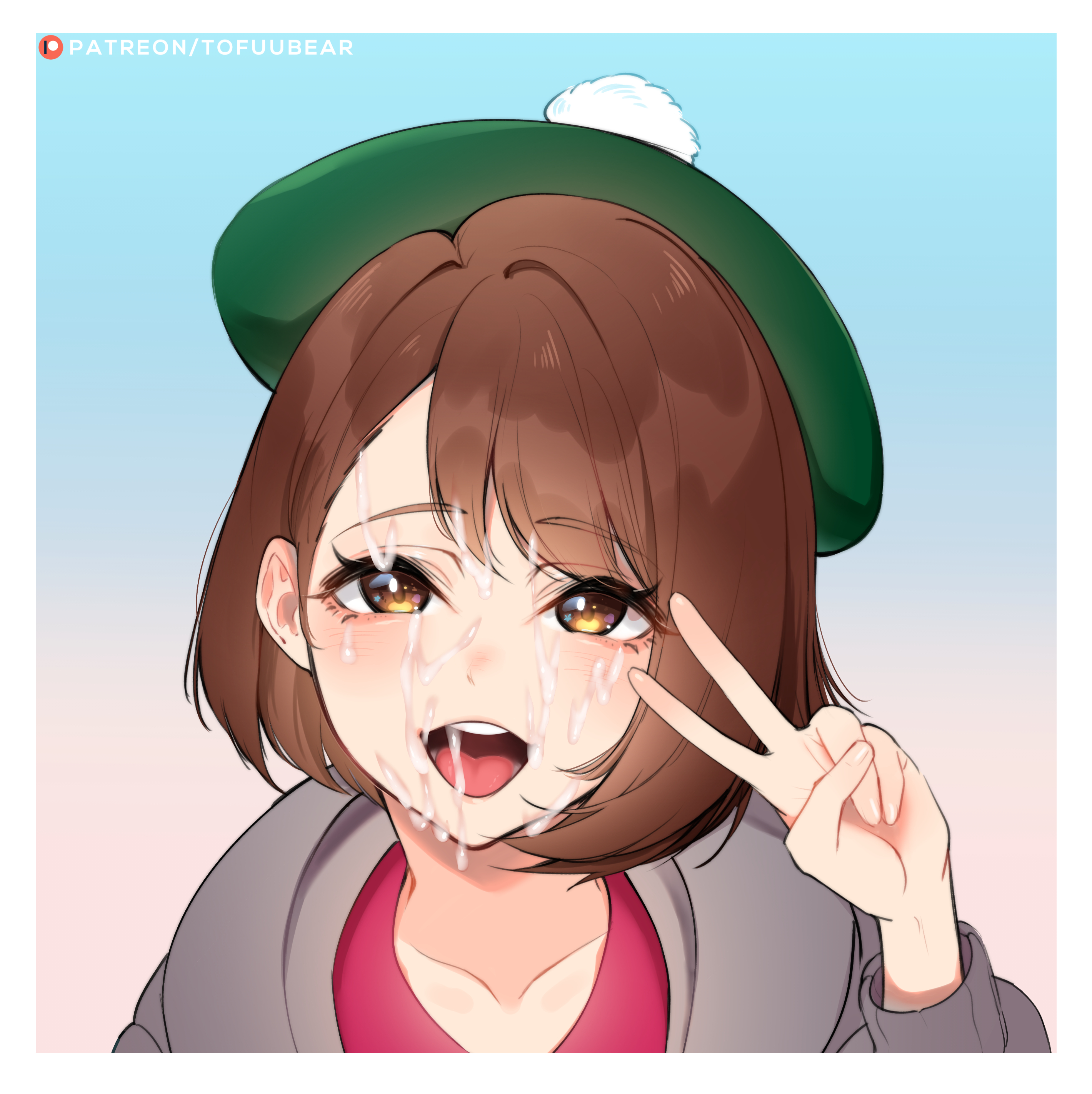 1girls, brown eyes, clothed, cum, cum on face, eye contact, facial, female, female only, gloria (pokemon), hair over one eye, half-closed eyes, hat, human, looking at viewer, nintendo, open mouth, patreon, pokemon, pokemon ss, short hair, smile, solo, text, tofuubear, tongue, url, v, watermark, white border