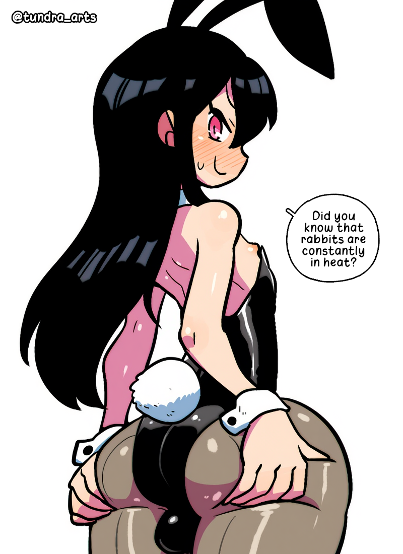 1boy, ai assisted, ai generated, aroused, ass, ass squeeze, big ass, black hair, blush, bulge, bulge through clothing, bunny ears, bunnysuit, comic, english text, female, femboy, flirting, hands on own ass, high resolution, highres, horny, inviting to sex, long hair, looking at viewer, looking back, looking back at viewer, male, nipples, original, original artwork, original character, otoko no ko, pantyhose, pink eyes, plain background, round ass, shiny skin, simple background, sissy, smile, text, tomgirl, trap, tundra (artist), white background, wide hips