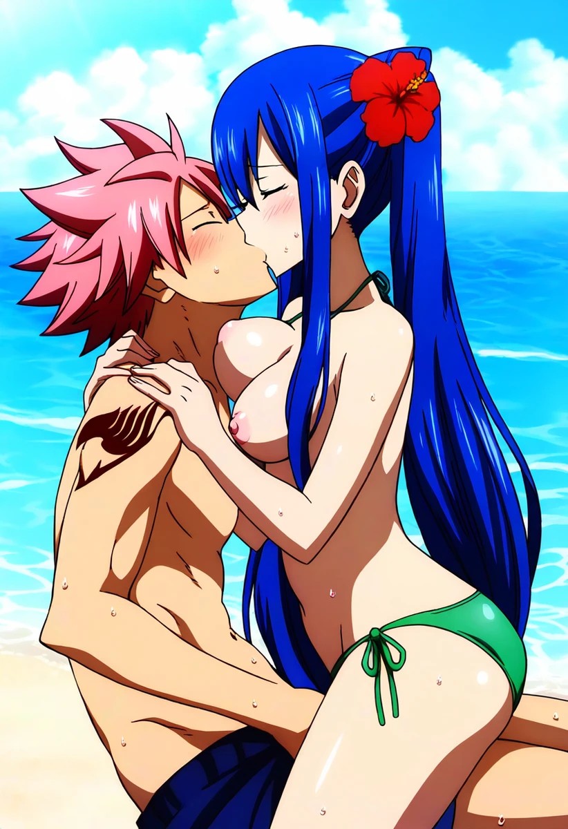 aged_up ai_generated alternate_breast_size beach big_breasts bikini bikini_bottom bikini_bottom_only bikini_top_removed blue_hair closed_eyes couple cute_breasts fairy_tail flower_in_hair kissing medium_breasts natsu_dragneel perky_nipples romantic sitting_on_lap topless_female wendy_marvell