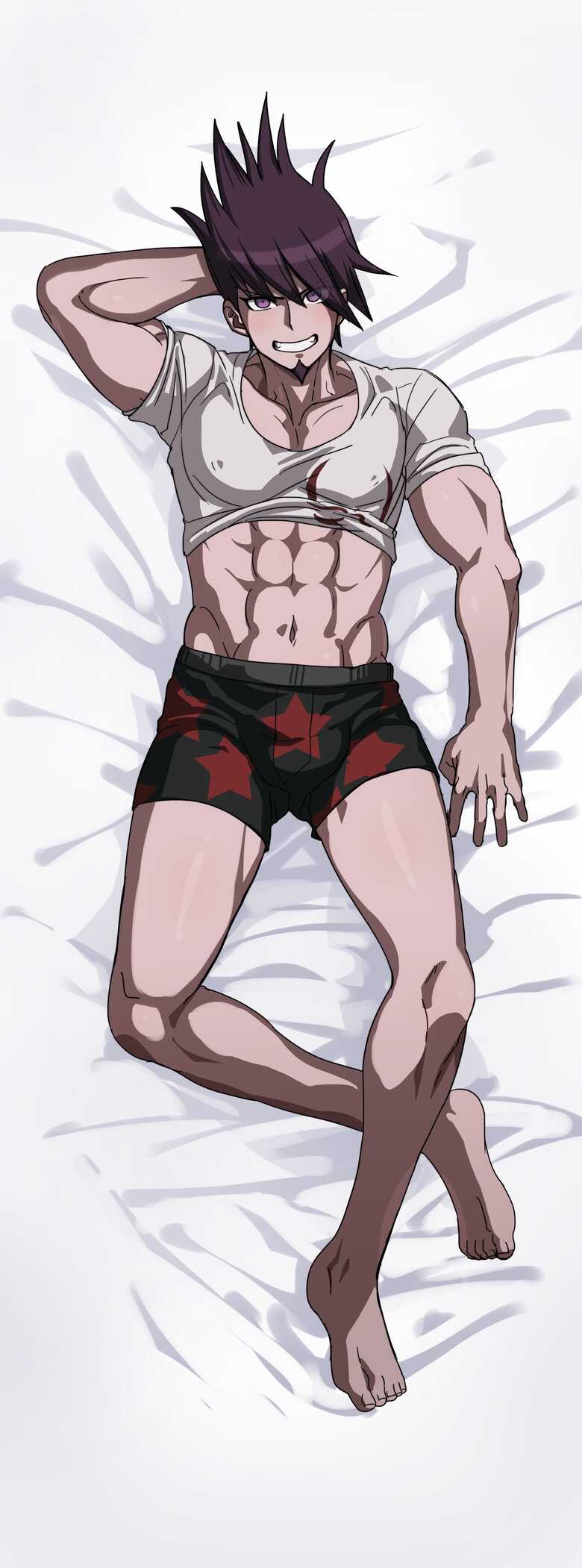 1boy 1male bara bed biceps bulge buranko! burankoprn dakimakura danganronpa danganronpa_v3 feet flexing flexing_bicep front_view gay goatee hand_behind_head hunk kaito_momota looking_at_viewer male_only momota_kaito muscles muscular muscular_male nipples_visible_through_clothing purple_eyes purple_hair shirt_lift six_pack smiling tight_shirt underwear underwear_bulge white_shirt yaoi